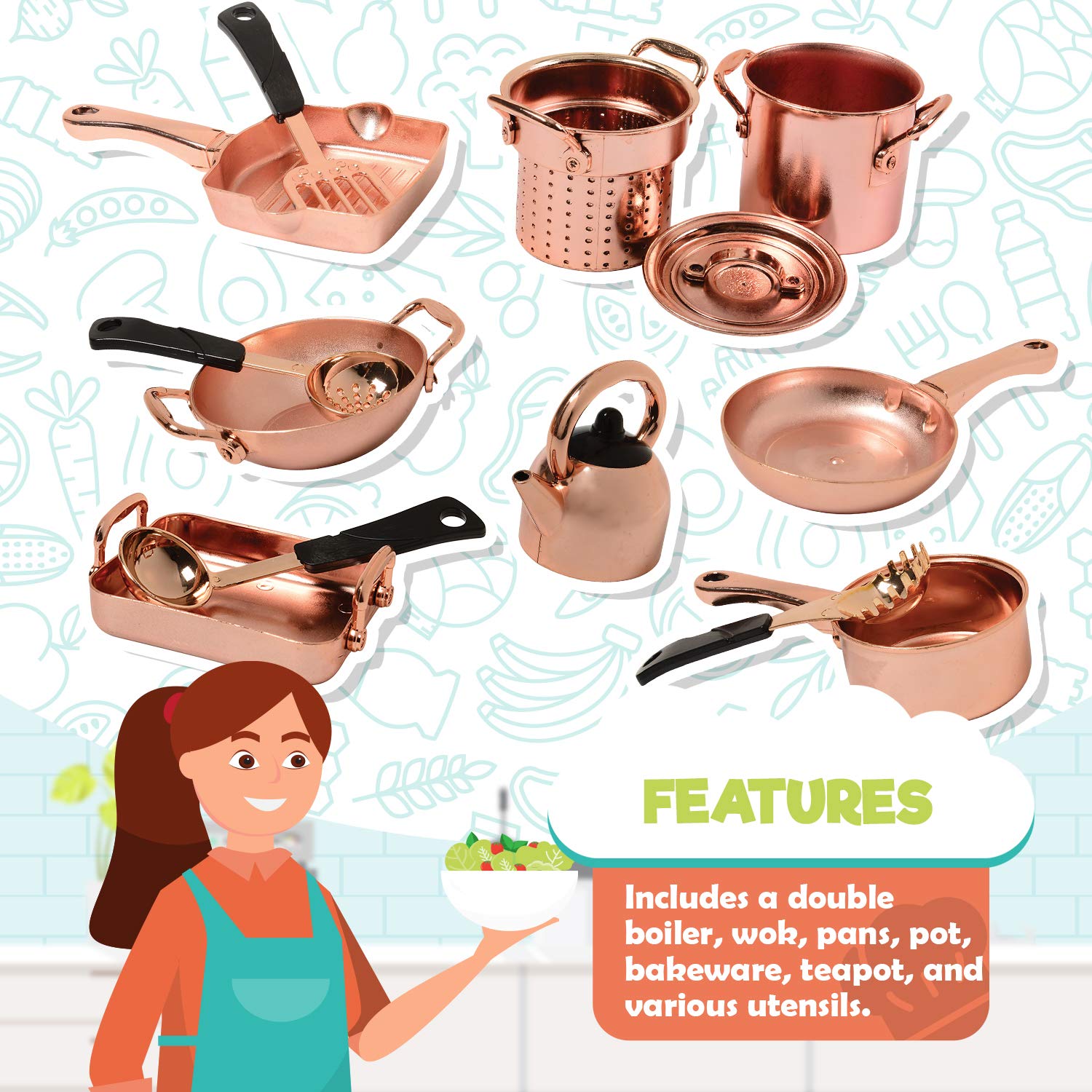 13 Piece Plastic Copper Look Cookware Set for Pretend Kitchen Play for Ages 3 Years and Up