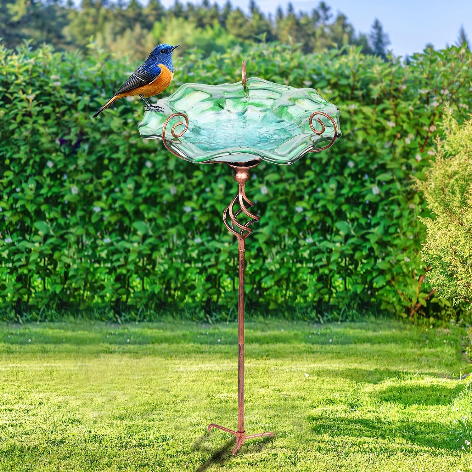 VCUTEKA Glass Bird Bath Outdoor Birdfeeder with Metal Stake Garden Decor