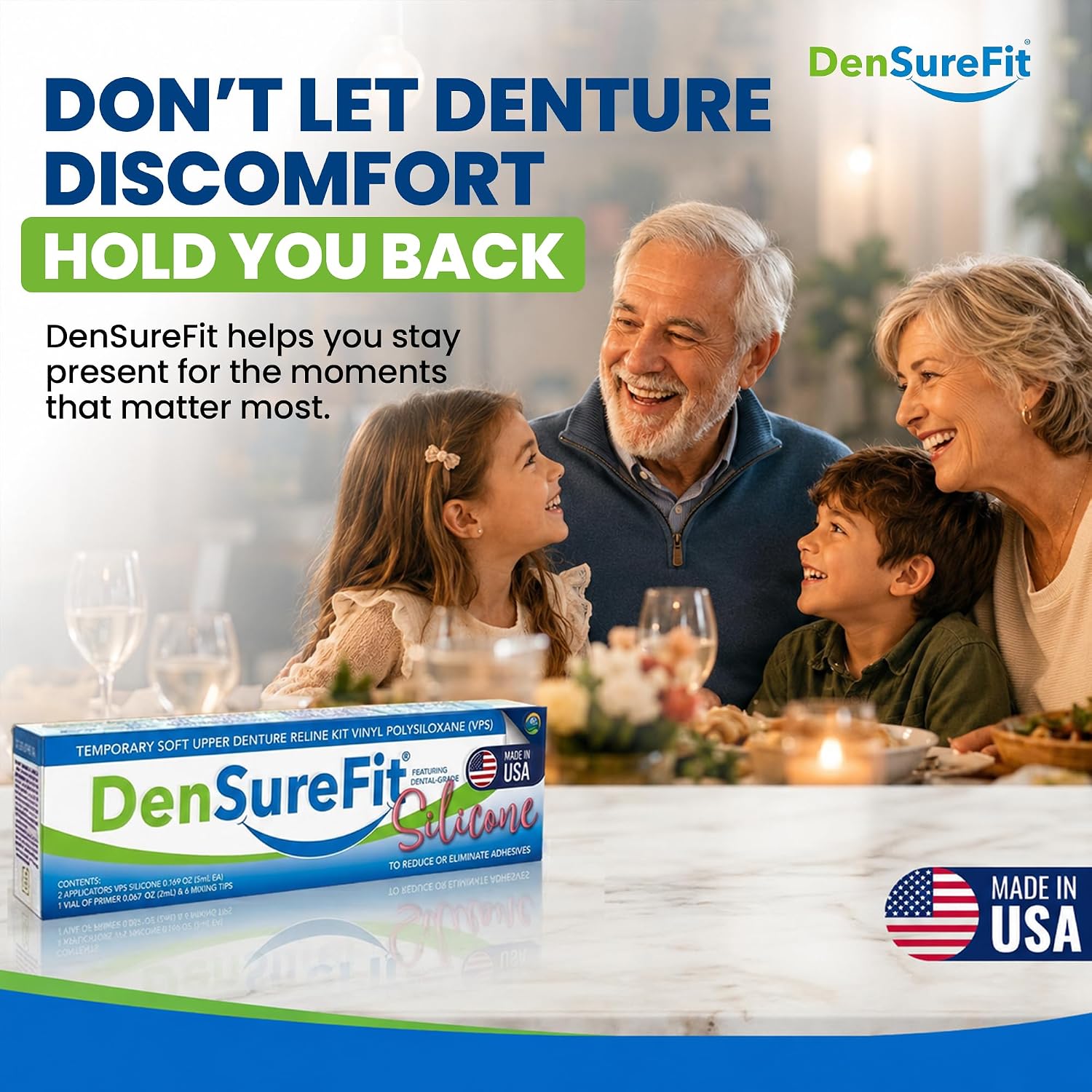 DenSureFit Lower Denture Reline Kit, Soft Silicone Liner | Soft silicone liner for loose lower dentures, helps improve fit
