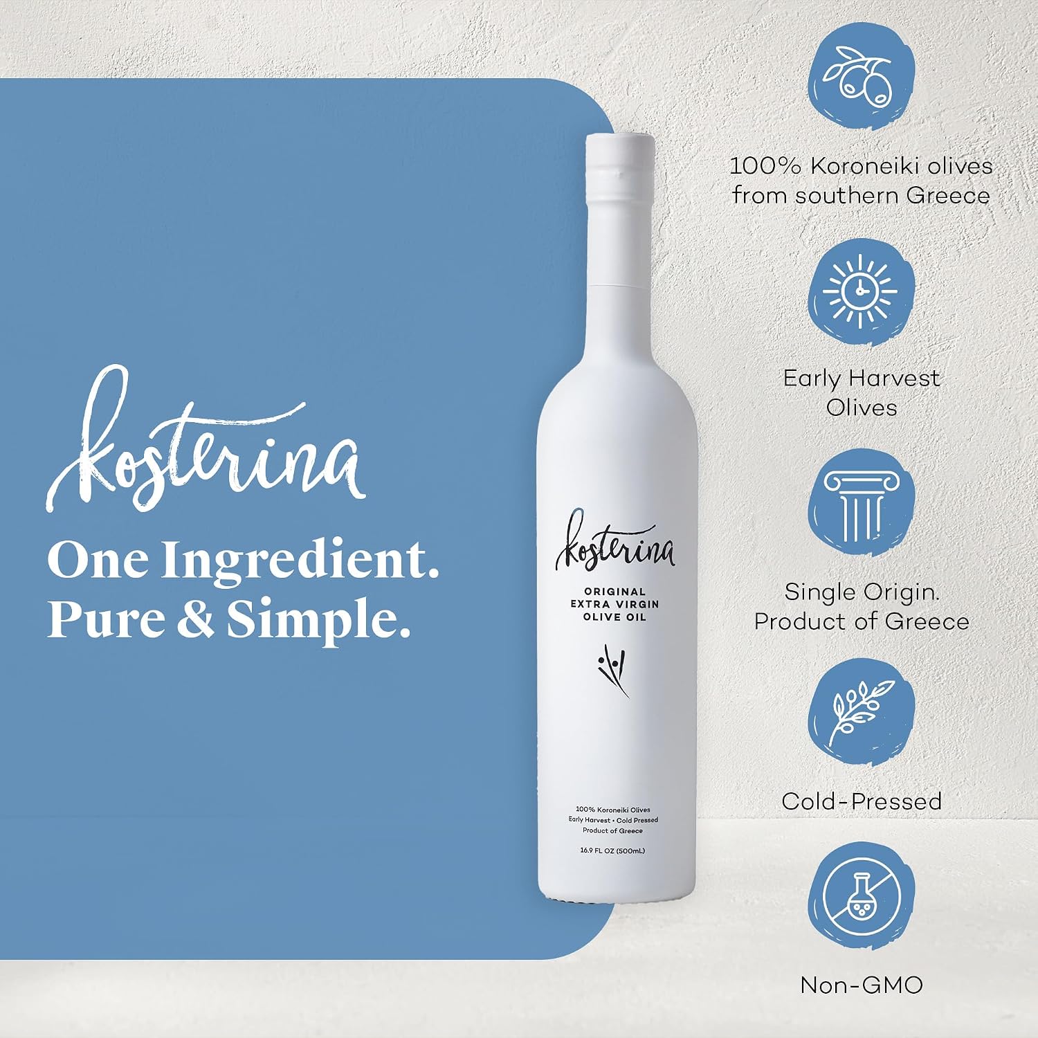 Kosterina Original Extra Virgin Olive Oil, Cold-Pressed EVOO (16.9oz)