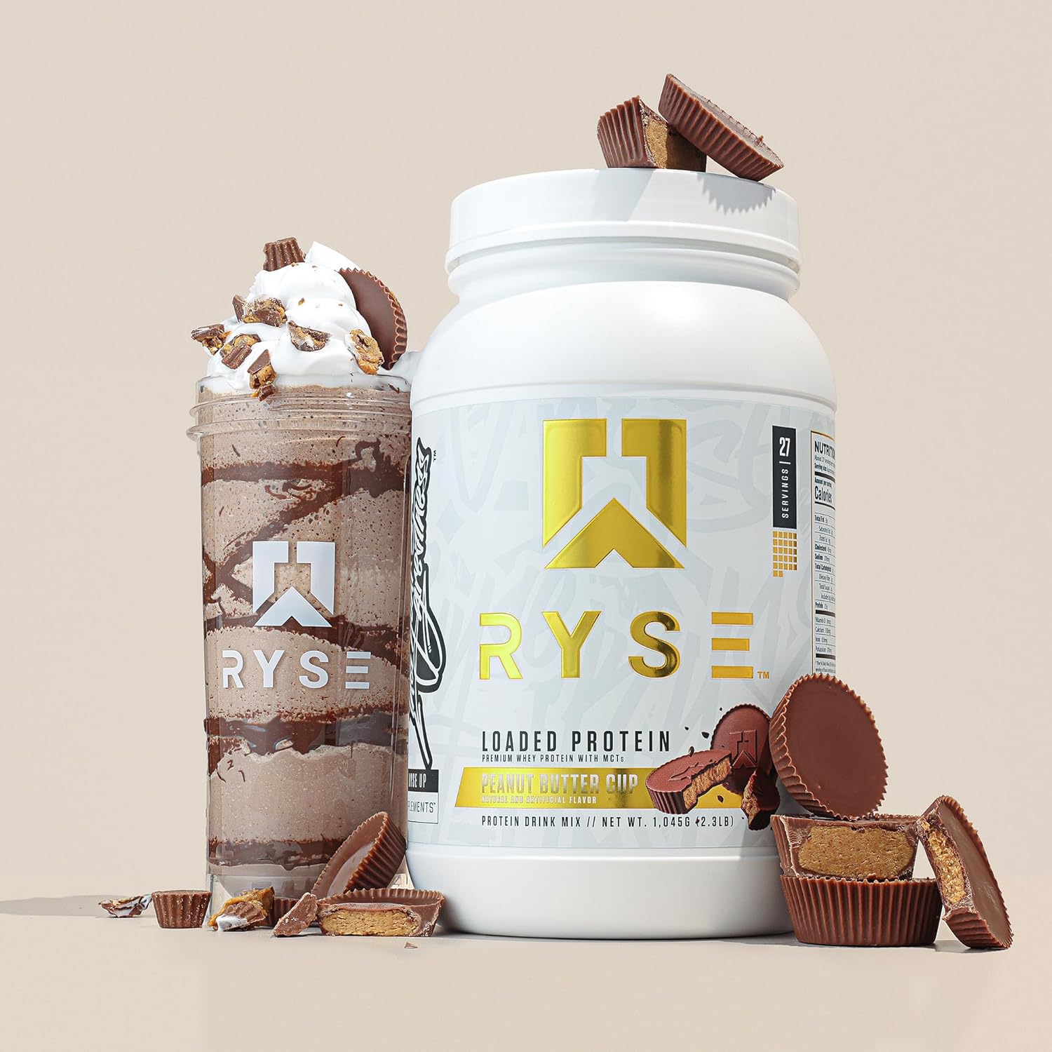RYSE Loaded Protein Powder - Peanut Butter Cup - 25g Whey Protein Isolate & Concentrate with Prebiotic Fiber & MCTs - Low Carb, Low Sugar