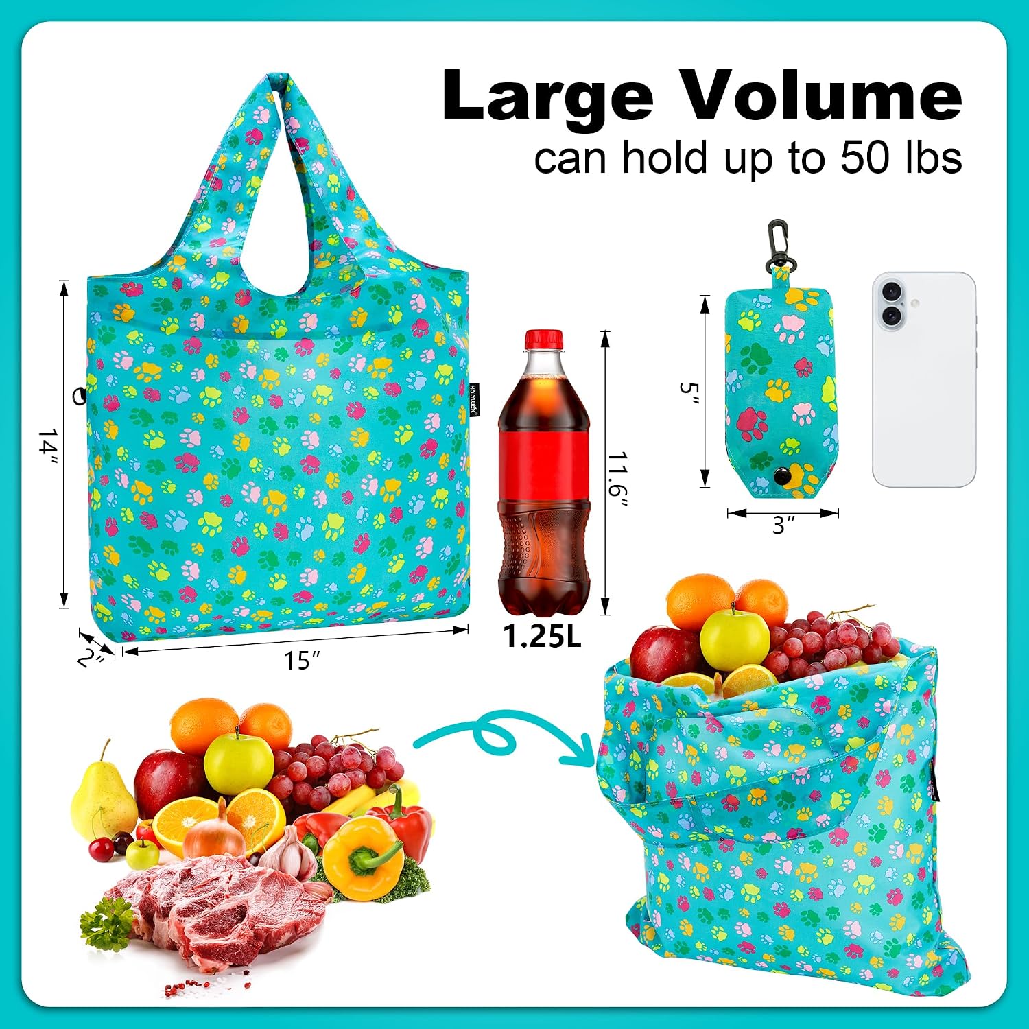 HOLYLUCK Reusable Grocery Bags,Heavy Duty Foldable Shopping Tote Bag (Standard, 3 Blue Geometric Flowers)