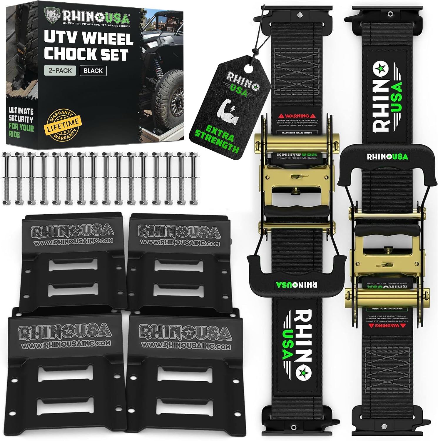 Rhino USA Wheel Chock Tie Down Kit (4,500lb) - 2 Straps & 4 Chocks