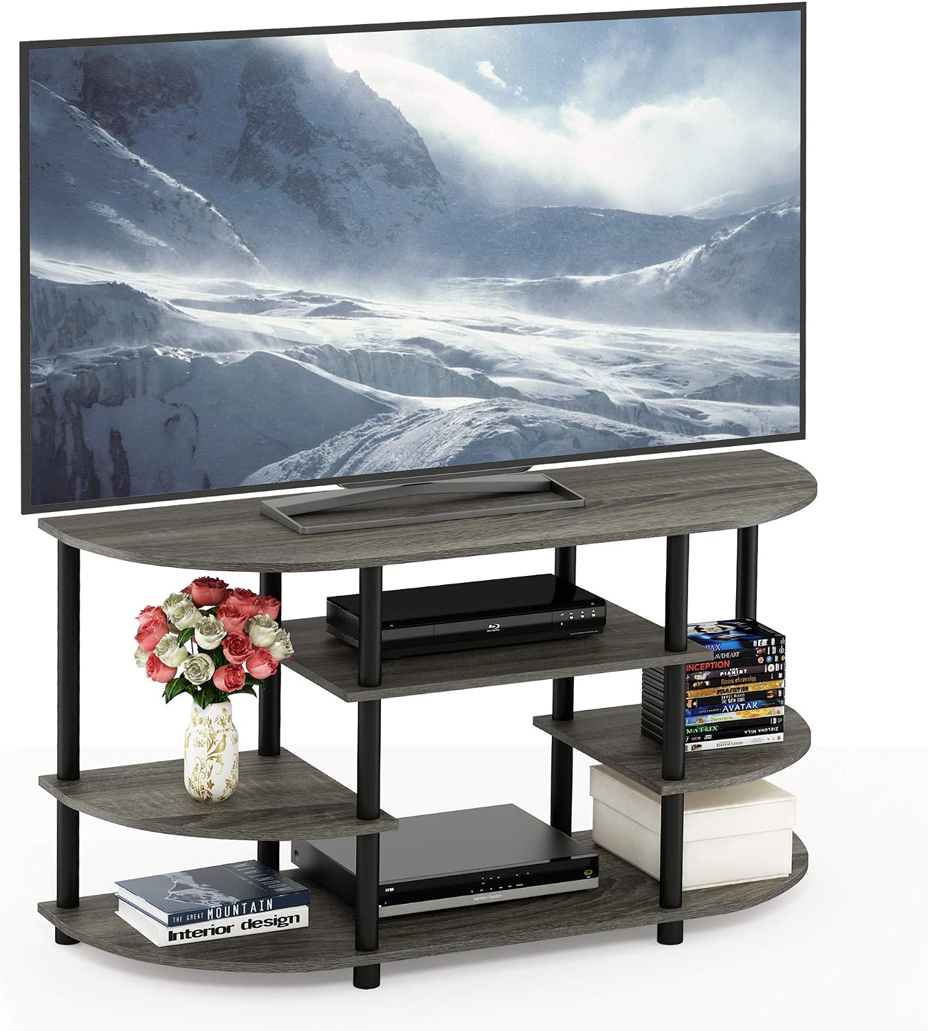 Furinno Turn-N-Tube No Tools Entertainment Center, Round Square Corner, French Oak Grey/Black | Raised Top, Open Shelves TV Console with for TV up to 32 Inch, for Living Room, Bedroom