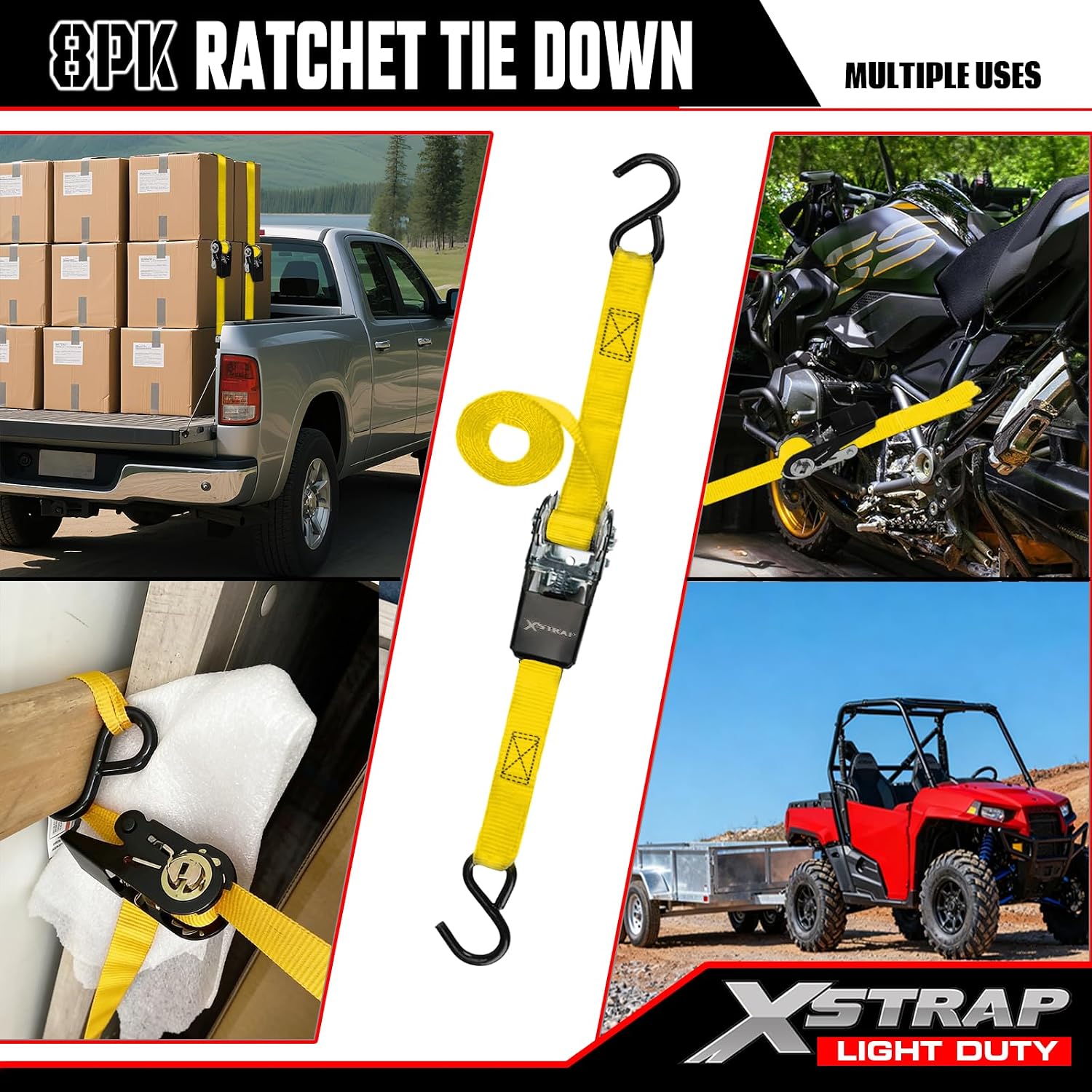 XSTRAP STANDARD 8-PK Ratchet Tie Down Straps, 1" x 10ft Cargo Strap, Yellow