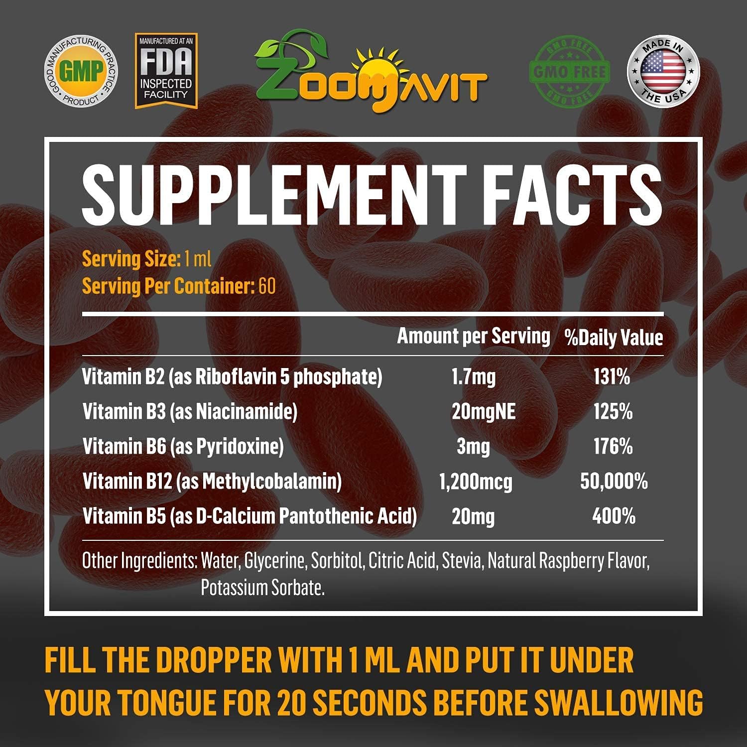 Vitamin B Complex Liquid Drops with Fast Absorption - Super B Liquid Complex Vitamins B2, B3, B5, B6 & B12 - Natural Energy Boost
