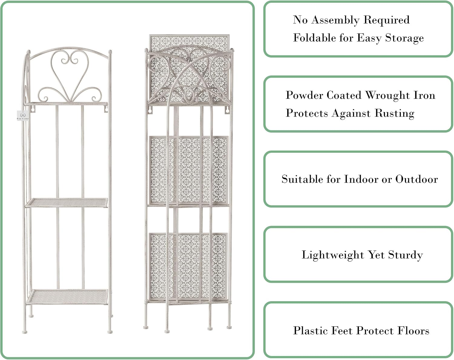 Plant Stand 3-Tier Vertical Shelf Indoor or Outdoor Folding Wrought Iron Home Garden Display with Laser Cut Shelves by Pure Garden (Antique White)