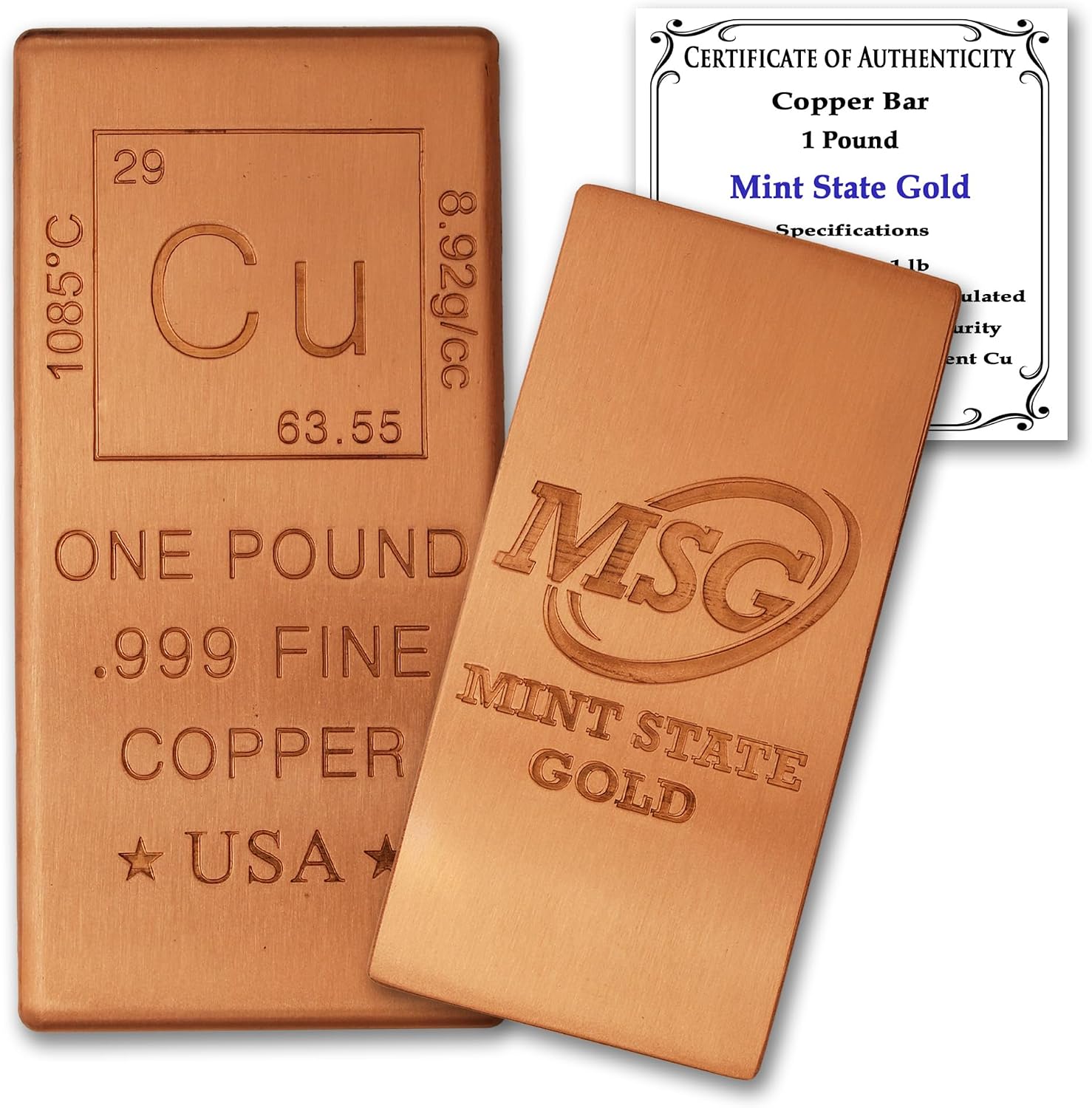 1 lb Copper Bar (Flat Style) .999 Pure Paperweight | Element Design with Certificate of Authenticity