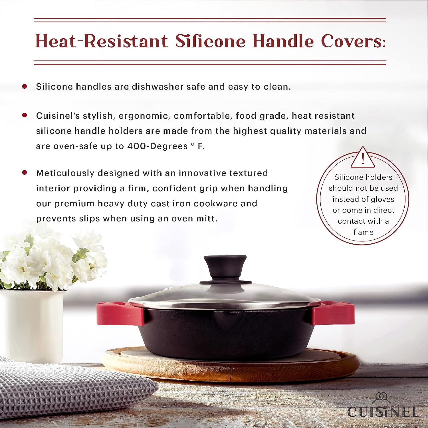 Cuisinel Cast Iron Skillet with Lid - 10"-Inch Pre-Seasoned Frying Pan + Glass Cover + Heat-Resistant Handle Holder - Indoor/Outdoor Use - Grill, Stove, Camp Firepit, Induction - Oven Safe Cookware