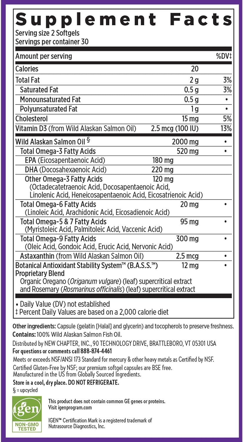 New Chapter Wholemega Fish Oil Supplement - 2000mg per Serving, Clinically Proven Wild Alaskan Salmon Oil with Omega-3 + Vitamin D3 + Astaxanthin, 120 Softgels