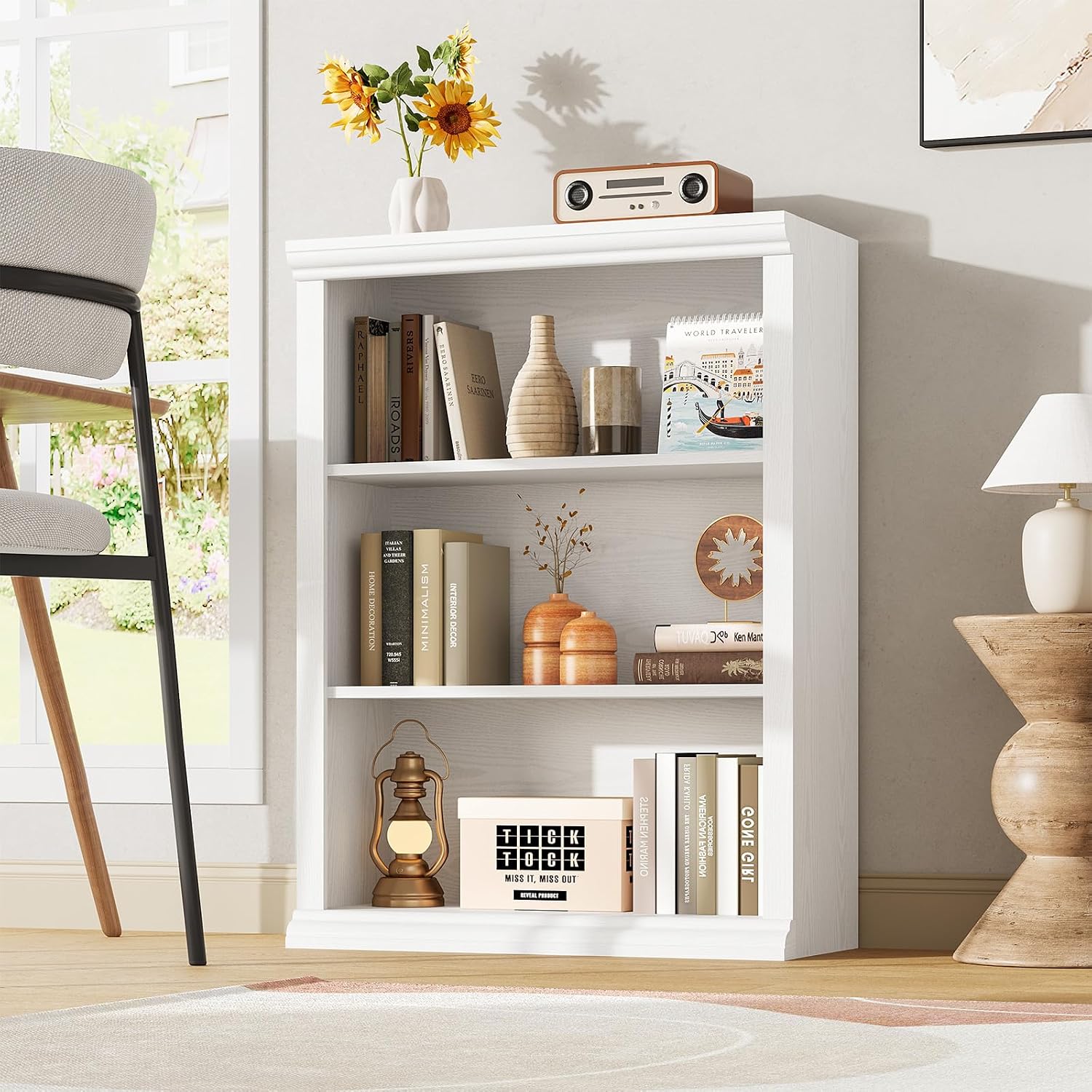 Rresyet 3 Tier Bookcase 27.6" W Bookshelf, White | Ample Vertical Storage Space, Modern Minimalist Home Design, For Home Office, Living Room, Bedroom