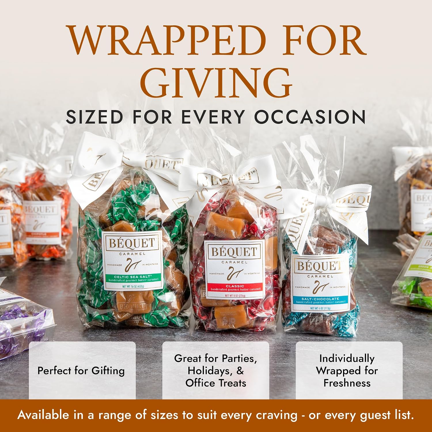 Béquet Celtic Sea Salt Caramels - Individually Wrapped Candy - 8oz Gift Bag | Ready-to-gift bag. Small-batch caramel made in Montana with real cream and butter, Kosher Star-D, gluten free, non-GMO