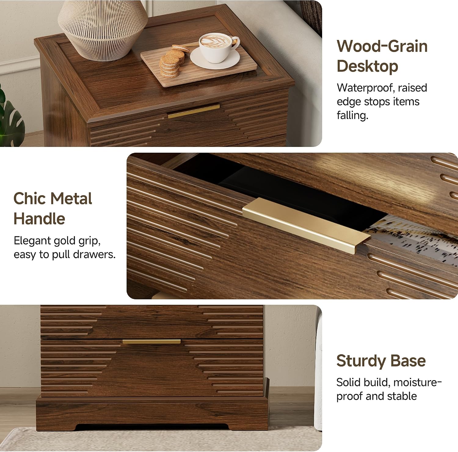 Gyfimoie Tall Nightstand with 4 Drawers Walnut Fluted Bedside Table | Stylish Fluted Design, Rich Walnut Finish, Gold Bar Pulls