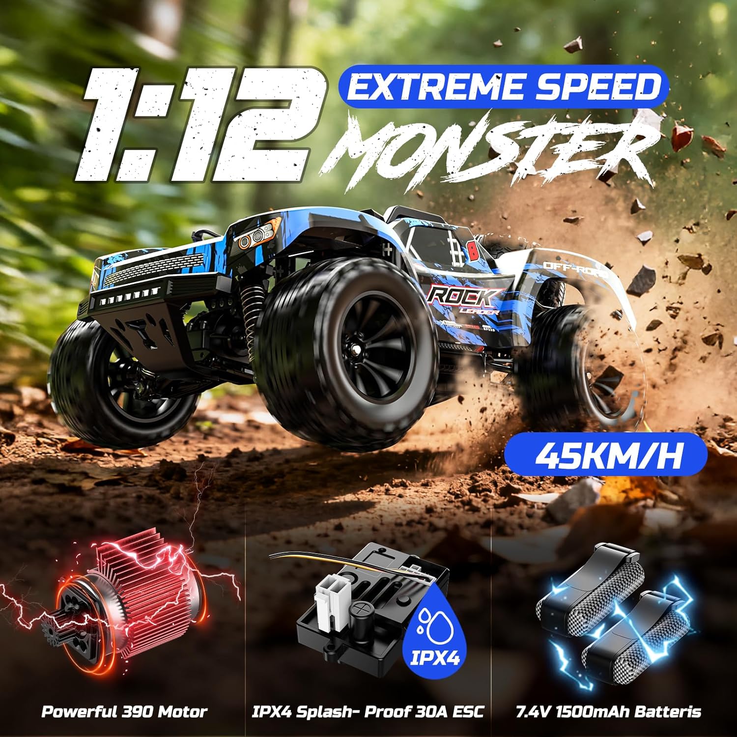 DEERC 1:12 Fast RC Cars 45KPH, 4WD High Speed Short Course RC Truck, Off-Road All Terrain Remote Control Car with 2 Batteries & Spare Tire