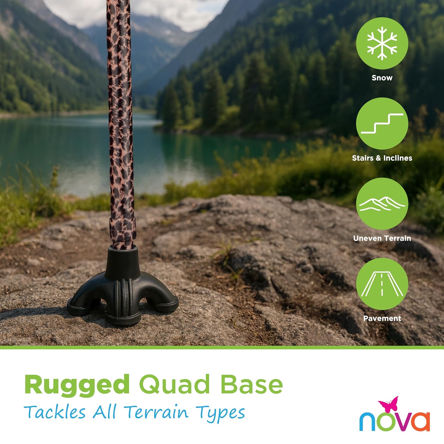 Nova Joy Designer Offset Quad Cane for Seniors - Unisex Adjustable Lightweight Walking Aid with Foam Handle, Wrist Strap and Anti-Rattle Lock - Essential Mobility Support - Maui Flowers