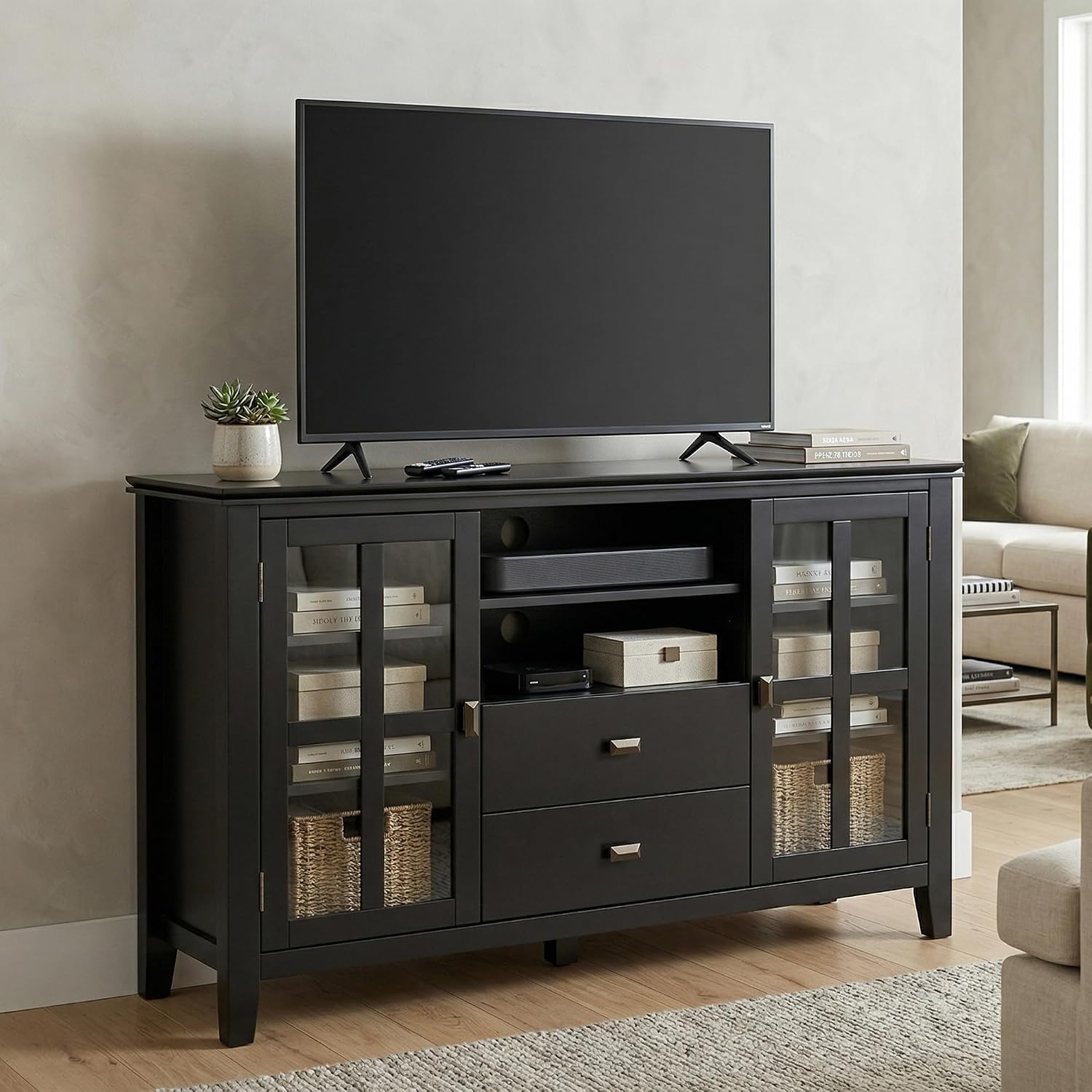 SIMPLIHOME Artisan 53" Wide Solid Wood TV Stand in Russet Brown