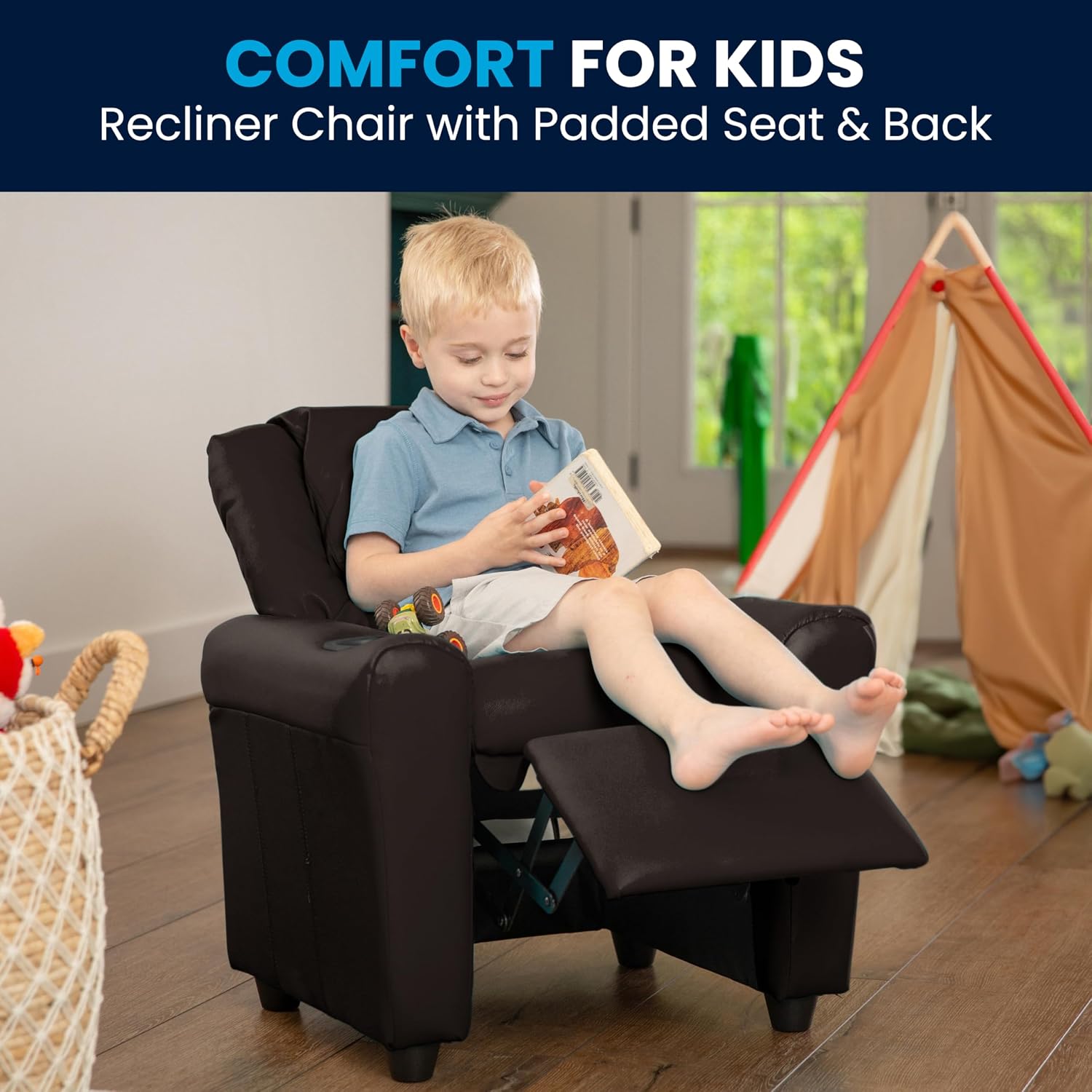 Flash Furniture Vana LeatherSoft Kids Recliner with Cup Holder, Headrest, and Safety Recline, Contemporary Reclining Chair for Kids, Supports up to 90 lbs., Brown | Manual Recline, Padded Seat and Back, Child-Friendly Design, Safety Recline Feature