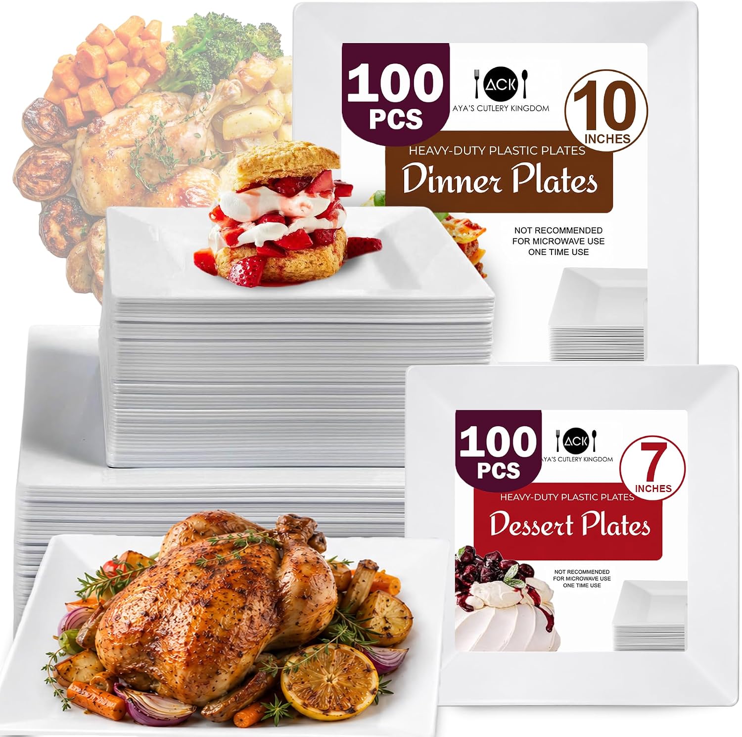 Aya's 60ct Square Plastic Disposable Plates, White - 9.5-Inch 30 Dinner and 6.5-Inch 30 Salad Plates for Party - Heavy-Duty Hard Plastic Design for Wedding, Event, Christmas, and Thanksgiving