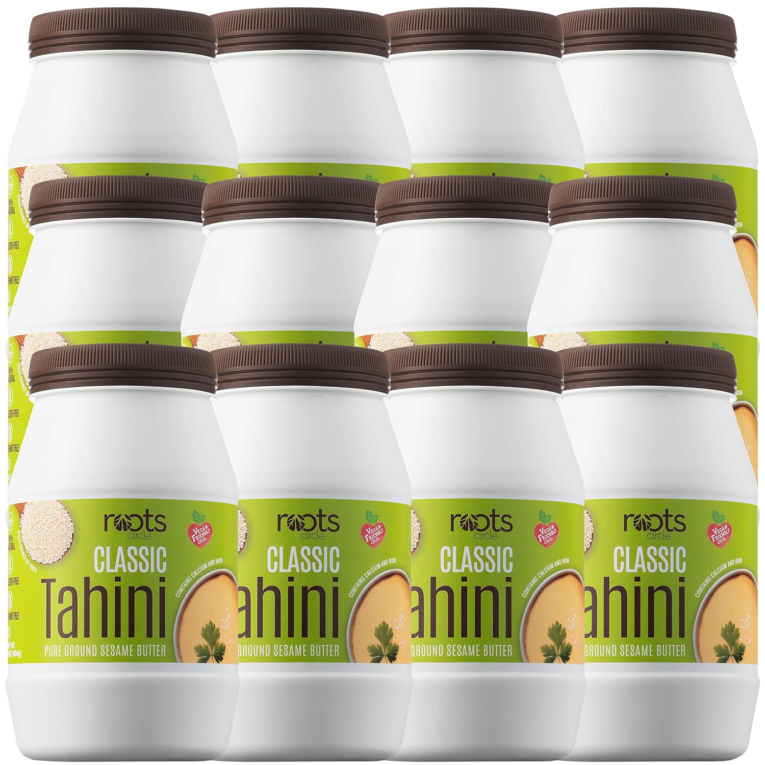 Roots Circle All-Natural Sesame Tahini Paste | 100% Pure Rich & Creamy Ground Sesame Seed Paste for Hummus, Tahini Sauce, Dressing & Dips | Vegan, Kosher | Non-GMO, Gluten & Peanut-Free | 2 Jars 16 Oz
