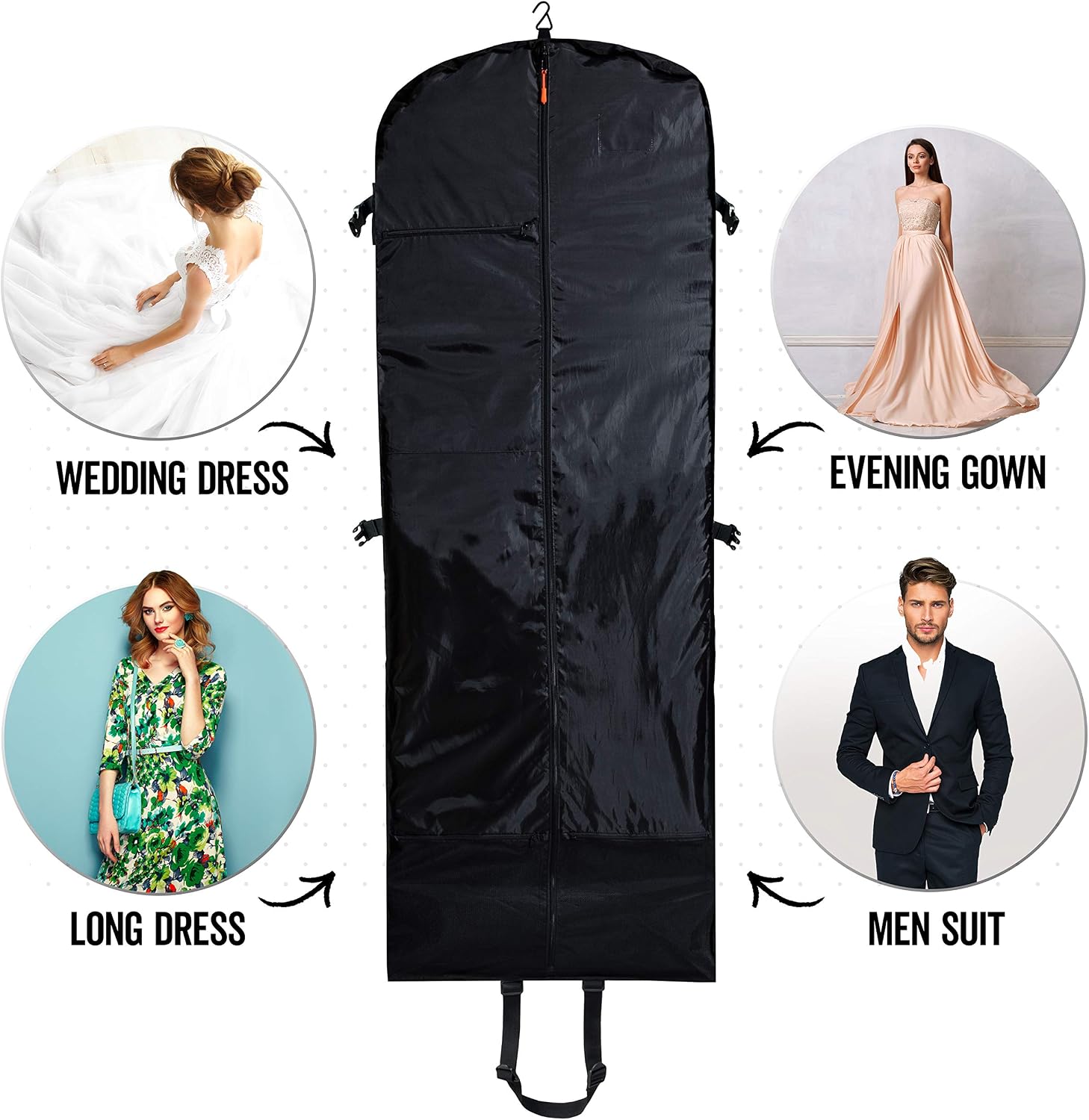 Trifold 66 Inch Women Travel Garment Bag With 7 pockets | Extra Long Wedding Dress, Formal, Evening, Ball Gown | Hanging, Breathable