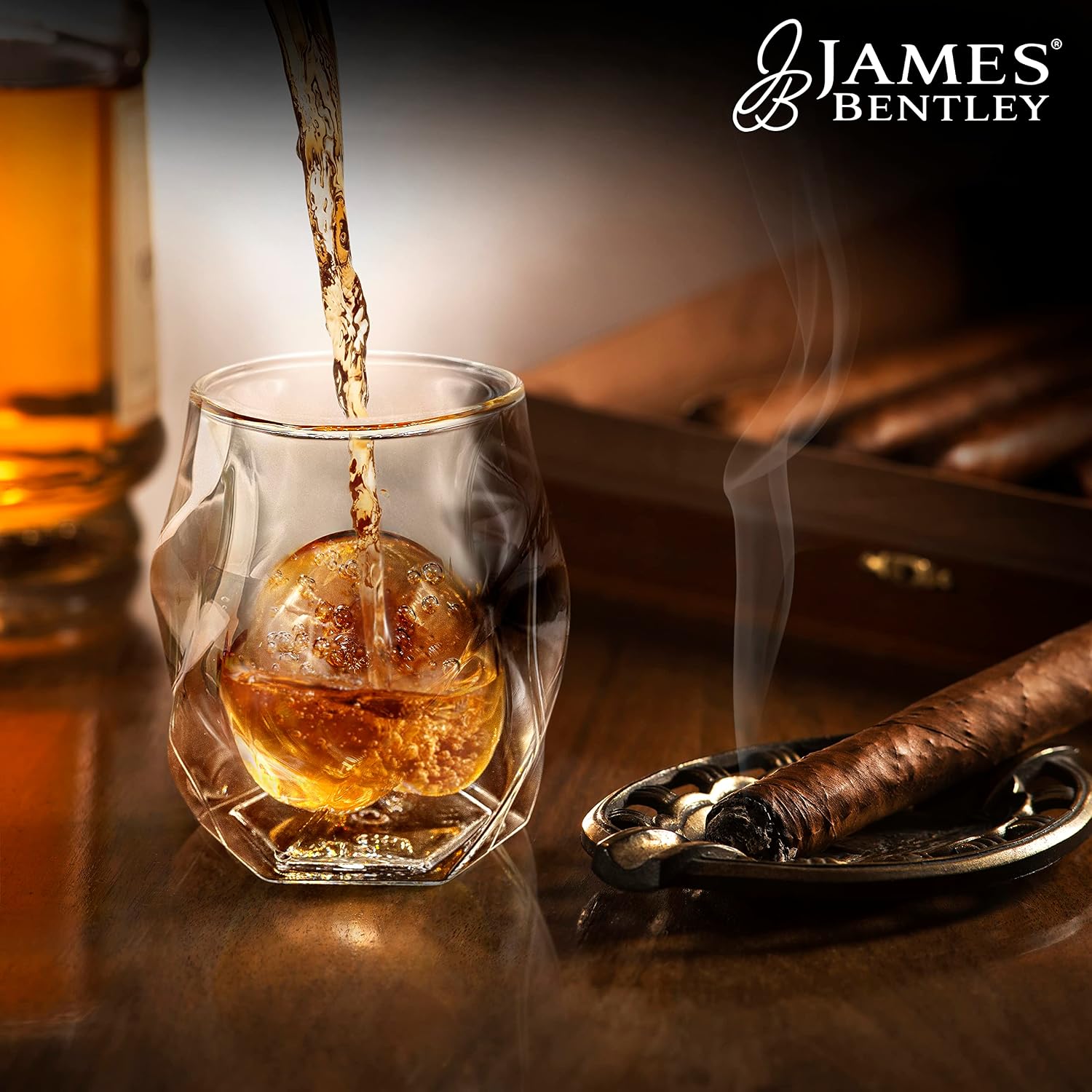 JAMES BENTLEY JB Whiskey Glasses, Set of 2 + 2 Slow-Melting Ice Ball Molds | Hand-blown insulated 6oz double-wall borosilicate glass, bourbon
