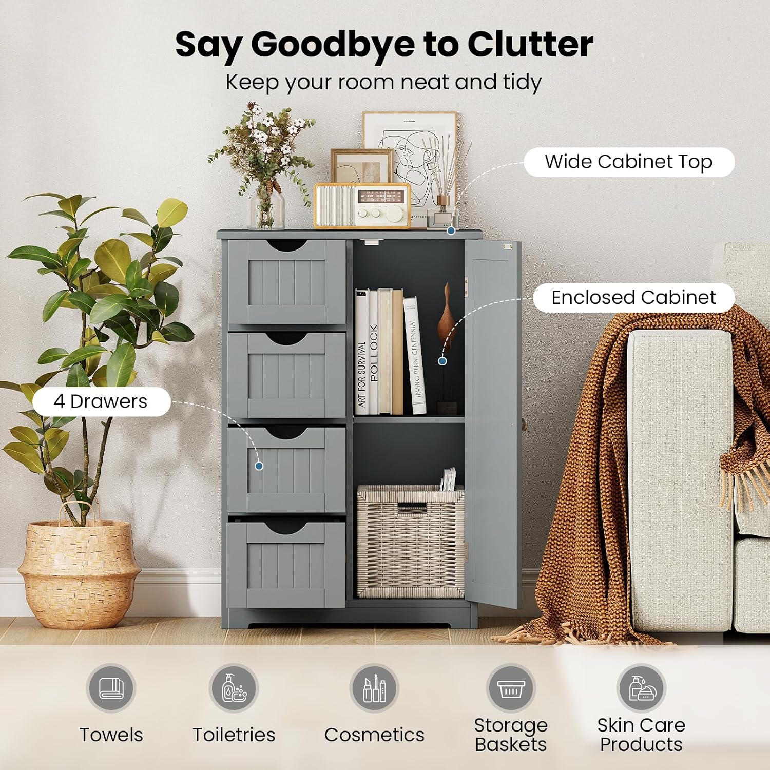 Giantex Storage Cabinet with 4 Drawers, Bathroom Storage Organizer with Cupboard, Adjustable Shelf, Anti-Toppling Device, Floor Cabinet, Entryway Storage Unit Console Table, White