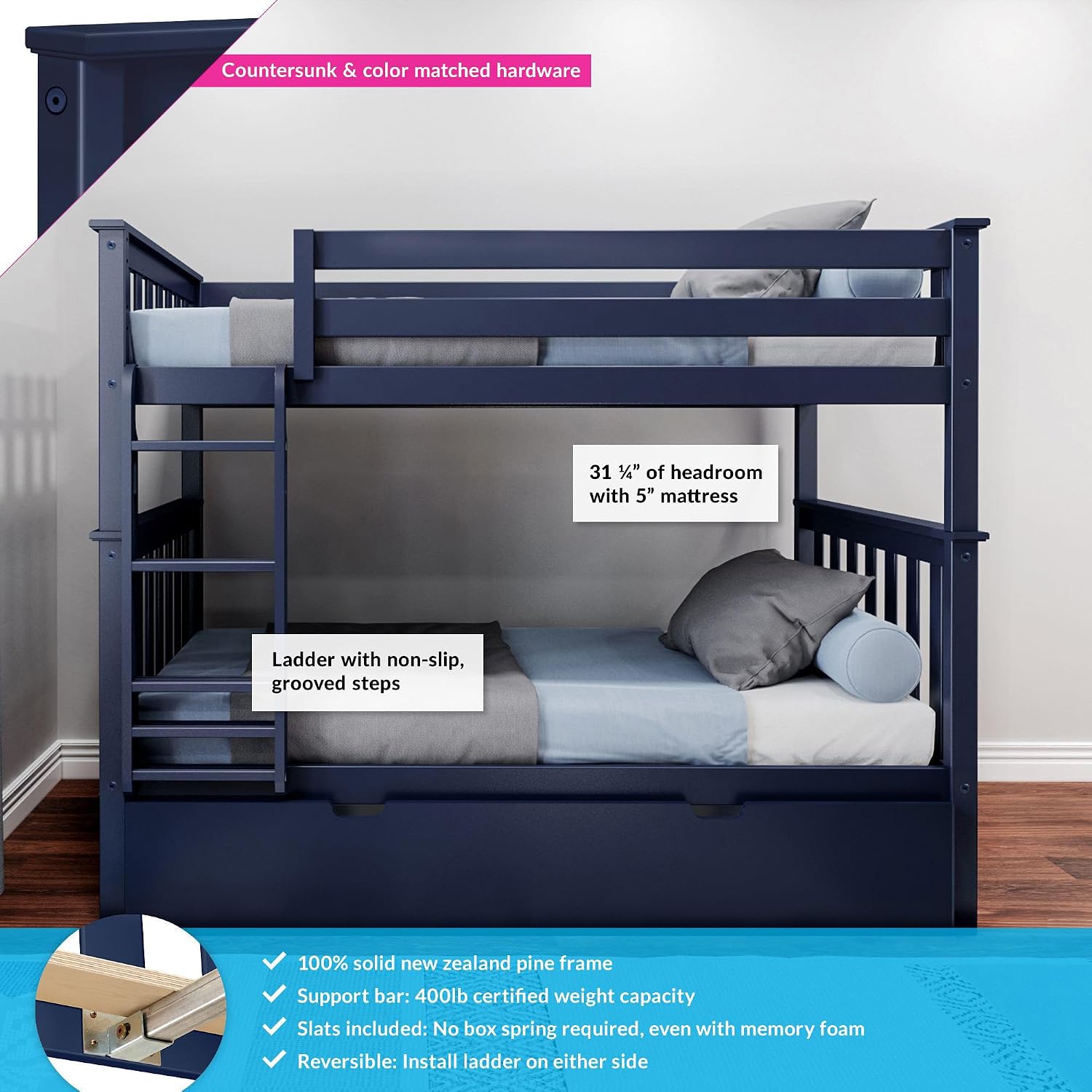 Max & Lily Bunk Bed Twin over Twin, Solid Wood Bunk Bed Frame with Ladder for Kids, 14" Safety Guardrails, Easy Assembly, No Box Spring Needed, White