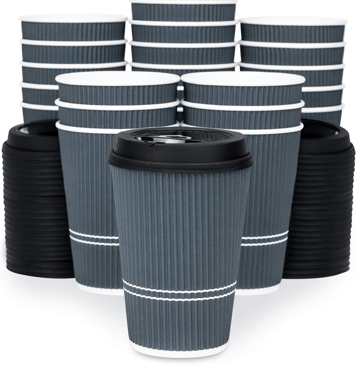 Disposable Coffee Cups With Lids - (80 set) 12 oz Paper To Go Coffee Cups With Resealable Lids Prevent Leaks! Travel Insulated Hot Beverage Drink Cup. Will Not Bend With Heat or Burn Fingers
