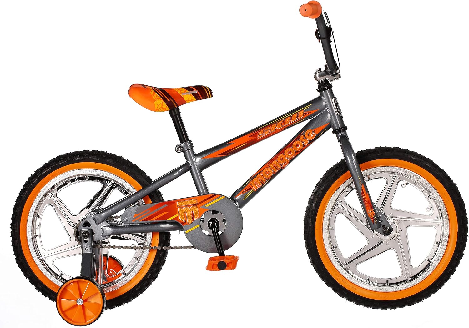 Mongoose Skid Bike, 16 Inch Bike for Kids Ages 3-7, BMX Style, Adjustable Seat Grows with Your Child, Mag Wheels, Training Wheels, Rear Coaster Brake