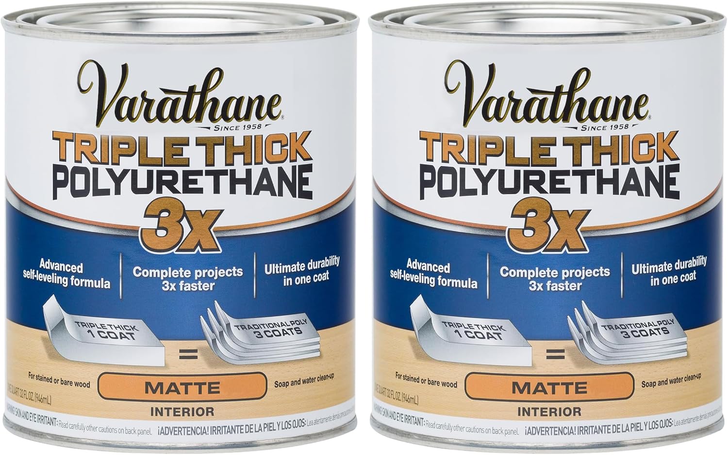 Varathane Triple Thick Polyurethane Gloss Wood Finish | One Coat Protection, Self-Leveling Formula, Scratch And Stain Resistance, Crystal Clear Finish, Quart