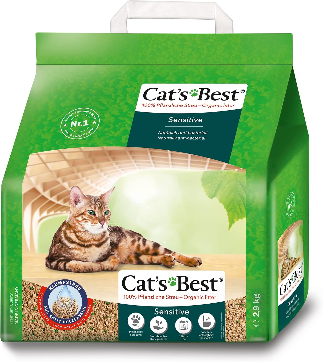 Cat's Best 29776 Cat Litter Green Power (2, 9 kg) | Clumping wood fibre cat litter - small grain, soft on sensitive paws - odour encapsulating