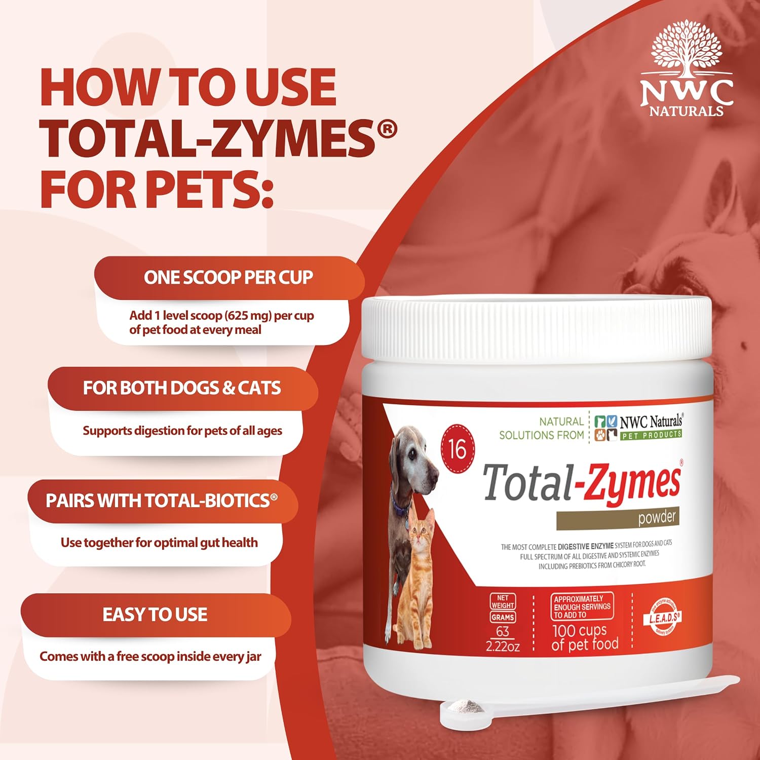Total-Zymes Digestive Enzymes for Dogs and Cats, 8 oz. Powder | Unflavored Daily Powder, Mix 1 Scoop per Cup of Food, 16 Plant-Based Enzymes and Prebiotic Support Digestion and Absorption