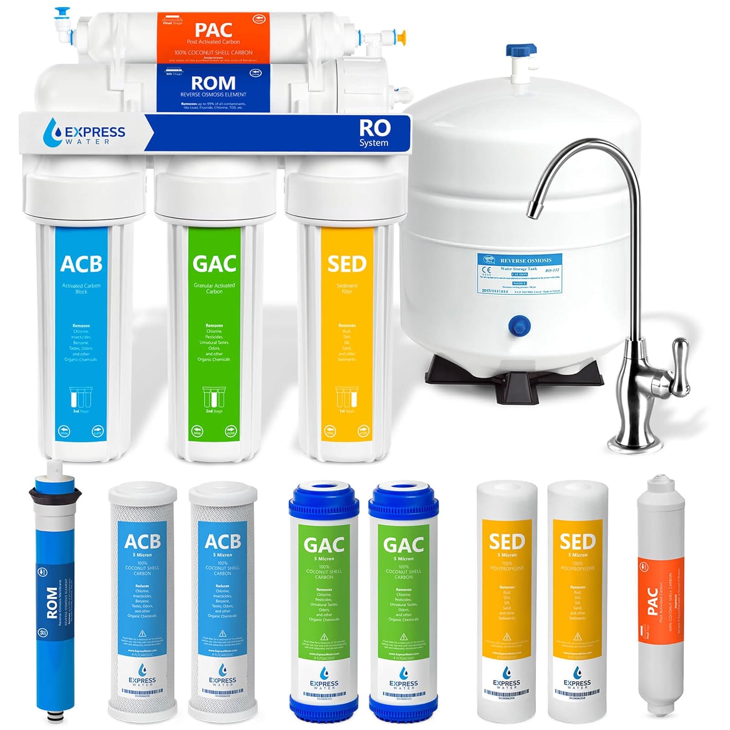 Express Water ROALK5D, 10-Stage Under Sink RO System, Alkaline, 50 GPD | NSF Certified 372, Deluxe Chrome Facuet, Reduces 99% of Impurities, BPA Free, Leak Detection