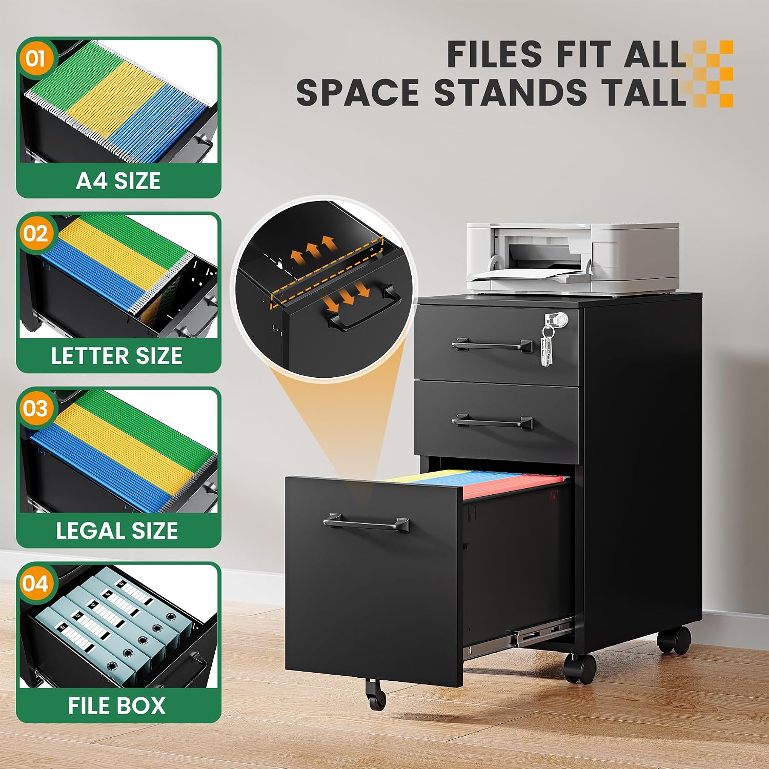 3 Drawer File Cabinet with Lock,Mobile Lateral Filing Cabinet with Side Hook for Letters/Legal/A4, Metal Printer Stand Storage Cabinets with Shelves for Home Office(Black)