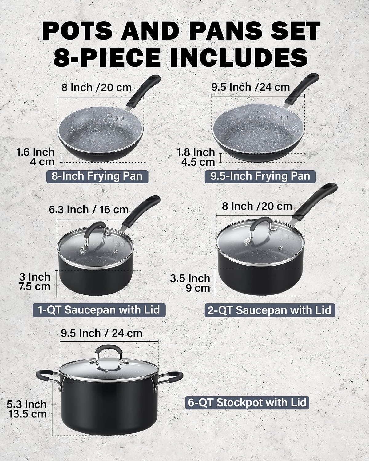 Cook N Home 8-Piece Nonstick Pot and Pan Set with Lid Induction Compatible | Cookware Set Includes Saucepan with Lid, Stockpot with Lid, Frying Pan, Kitchenware set Non Stick, Black
