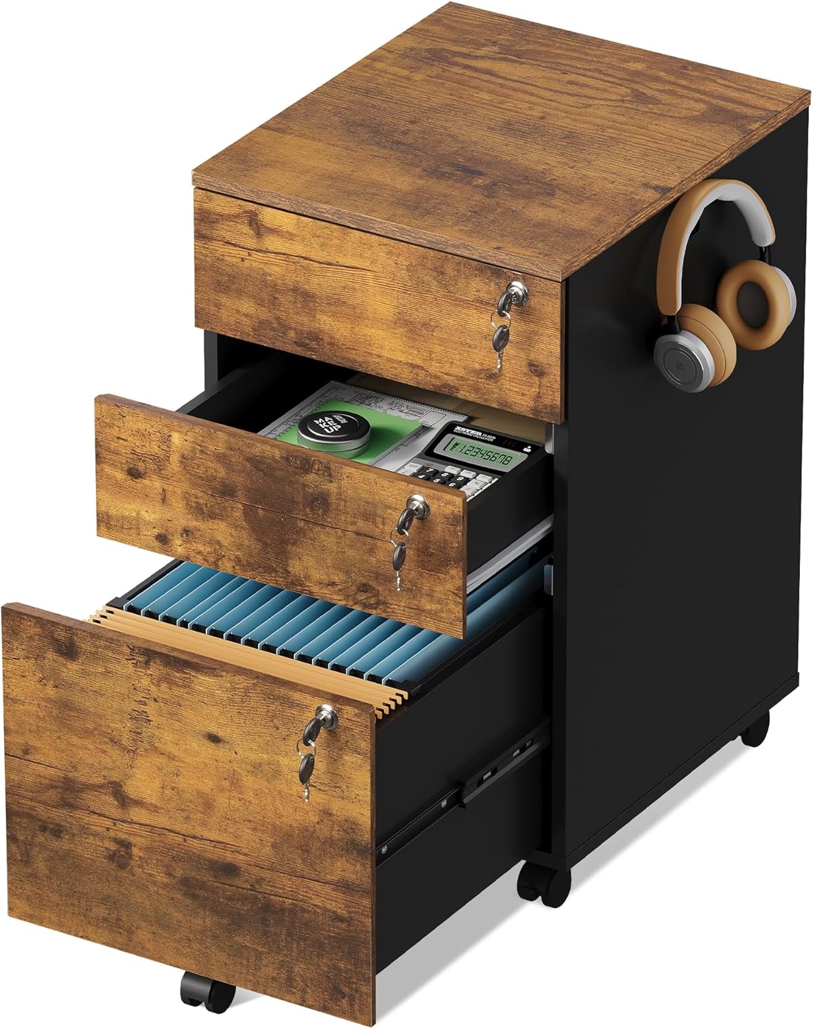 DEVAISE 3 Drawer File Cabinet with Individual Locks, Rustic Brown | Wood Filing Cabinet for Home Office, Mobile Printer Stand with Wheels
