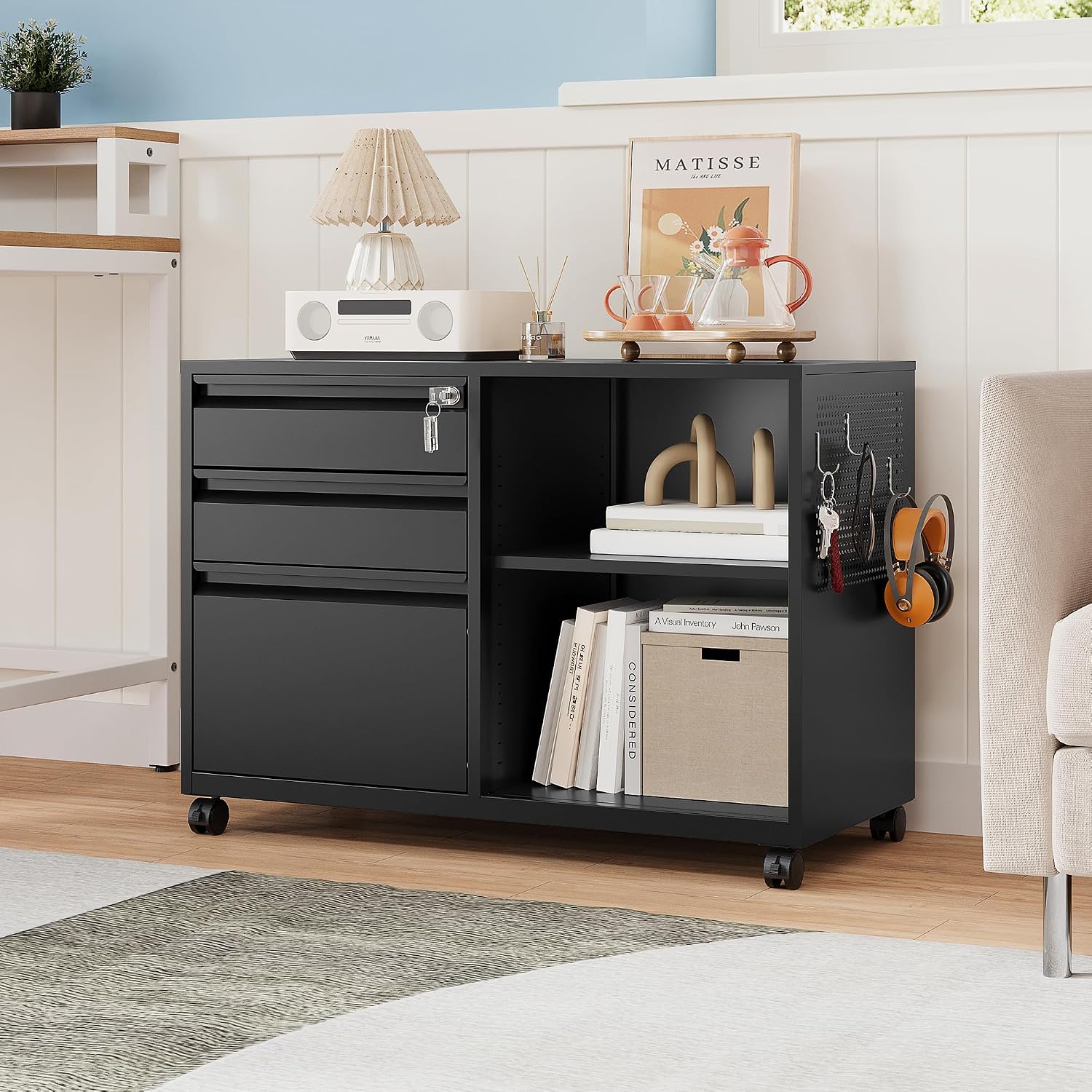 MIIIKO 3 Drawer File Cabinet with Lock, Metal Lateral Rolling Printer Stand Filing Cabinets for Home Office Storage,A4, Letter,File Folders(White)
