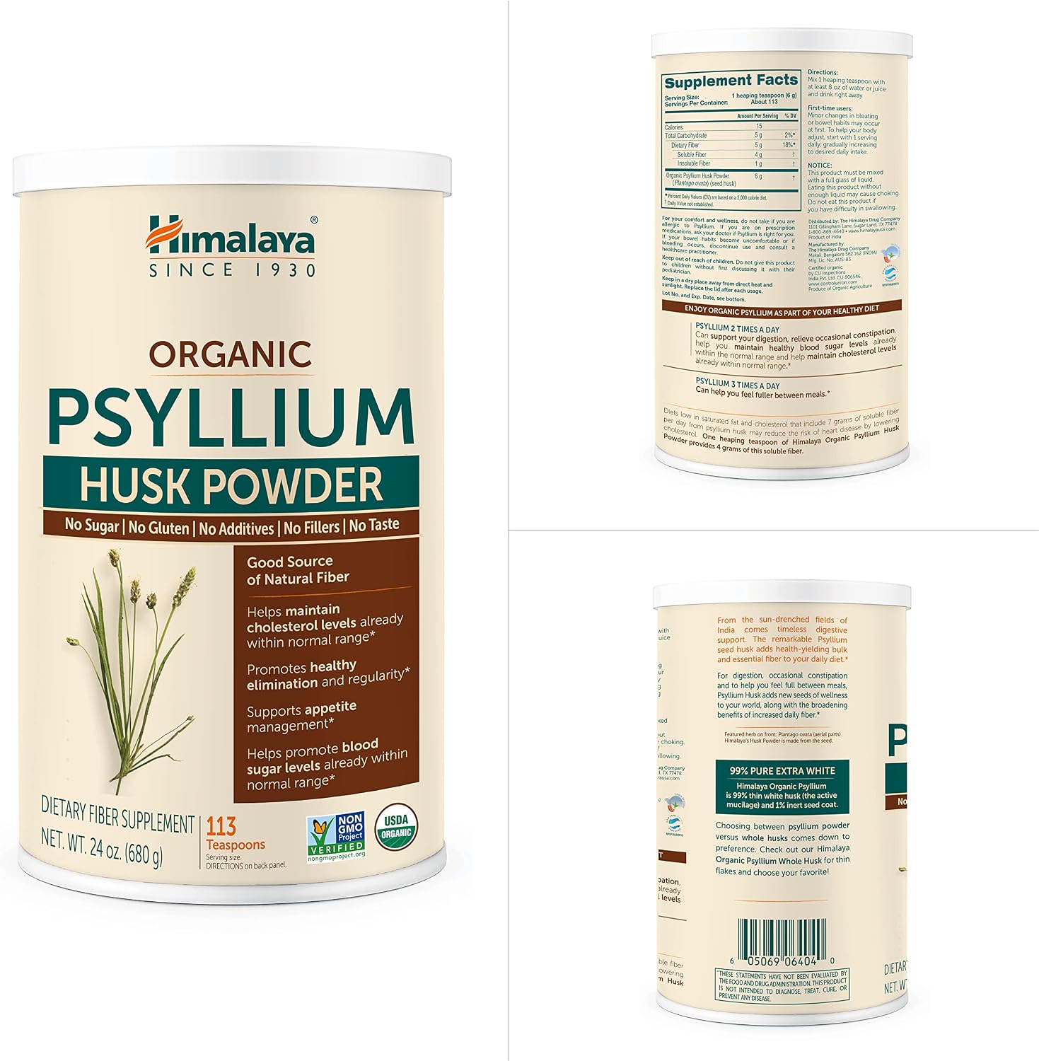 Himalaya USDA Organic Psyllium Whole Husk Powder, Natural Daily Fiber Supplement, Regularity, Appetite Management, Non-GMO, 56-Tablespoon Supply, Unflavored, 12 Oz