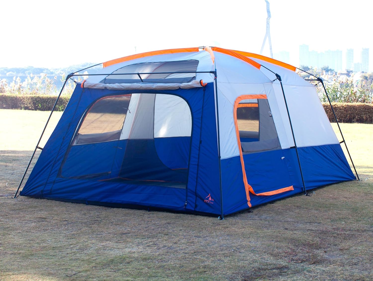 KTT Extra Large Tent 12-14 Person, Family Cabin Tents, 2 Rooms, Straight Wall, 2 Doors 4 Windows with Mesh, Waterproof, Double Layer