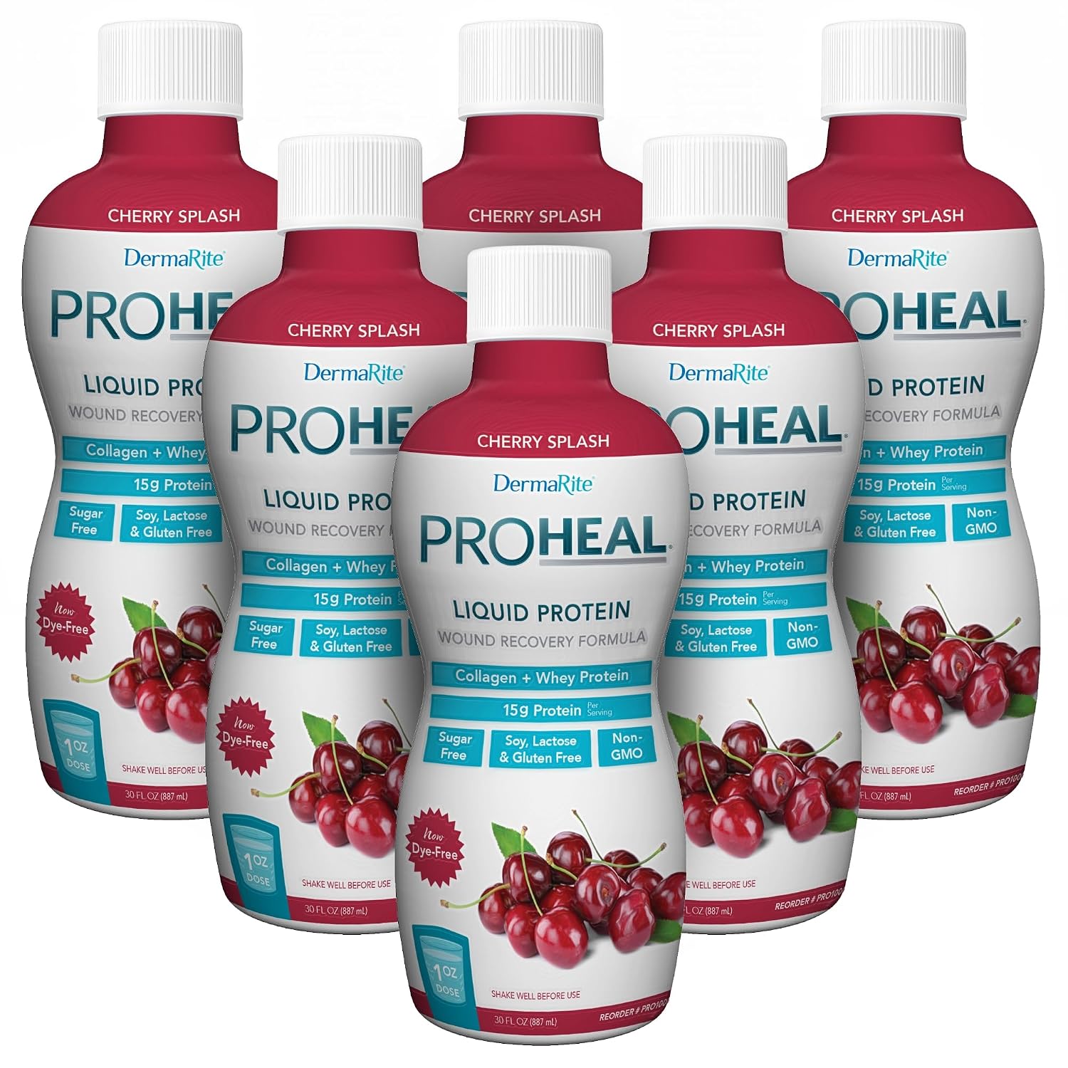 DermaRite ProHeal Protein Supplement, Cherry Splash Flavor, 30 oz, 1 ct | Liquid Protein Wound Recovery Formula, 15g of Collagen and Whey Protein