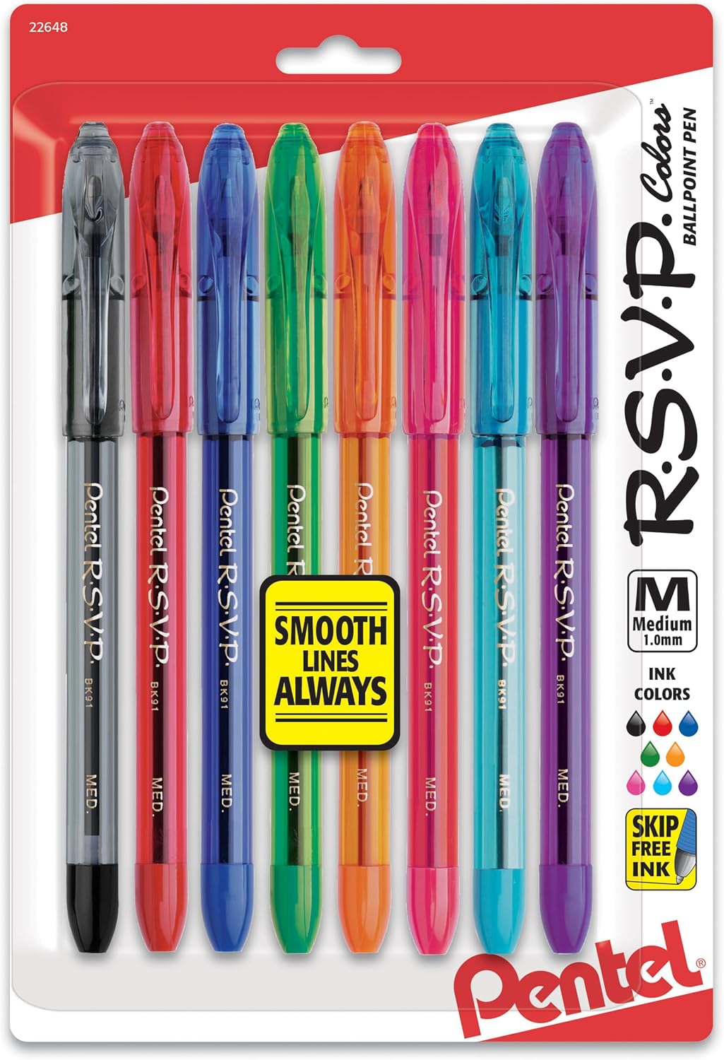 Pentel RSVP Ballpoint Pen, (1.0mm), Medium Line, Assorted Ink, Pack of 8 (BK91CRBP8M)