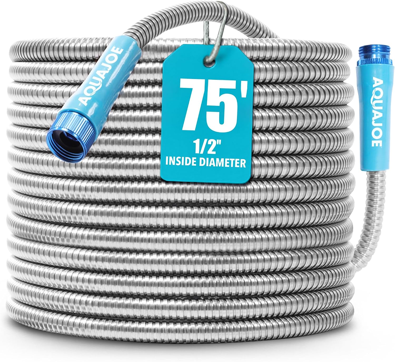 Aqua Joe 50-Foot Heavy Duty Garden Hose, Spiral 304 Stainless Steel Metal Hose, Puncture Proof, 1/2 Inch Diameter with Aluminum Fittings, AJSGH50