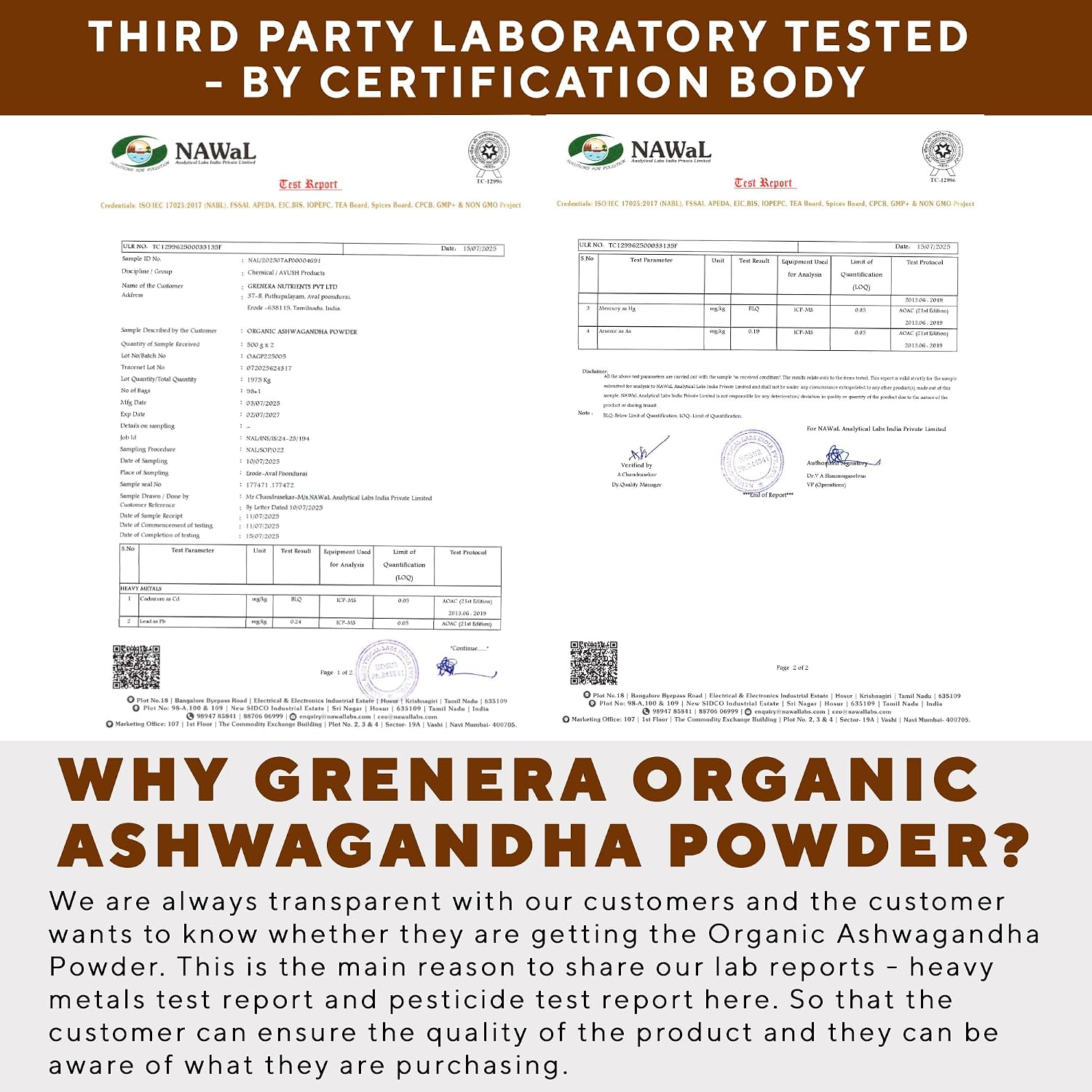 Grenera Organic Ashwagandha Root Powder | 2.2 lbs (1 kg) | USDA Organic, Vegan, Kosher Certified | Non-GMO, Gluten Free | Ashwagandha Powder for Smoothies, Drinks, Recipes | Lab Tested