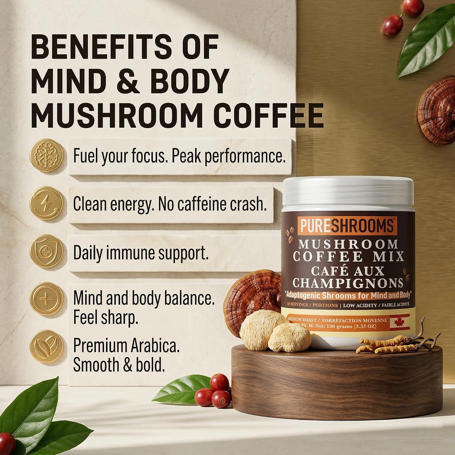 PureShrooms Mind & Body Mushroom Coffee - Instant Colombian Arabica with Organic Lion’s Mane, Reishi & Cordyceps - Low Acidity Nootropic Superfood Beverage for Focus & Vitality, 35 Servings/70g