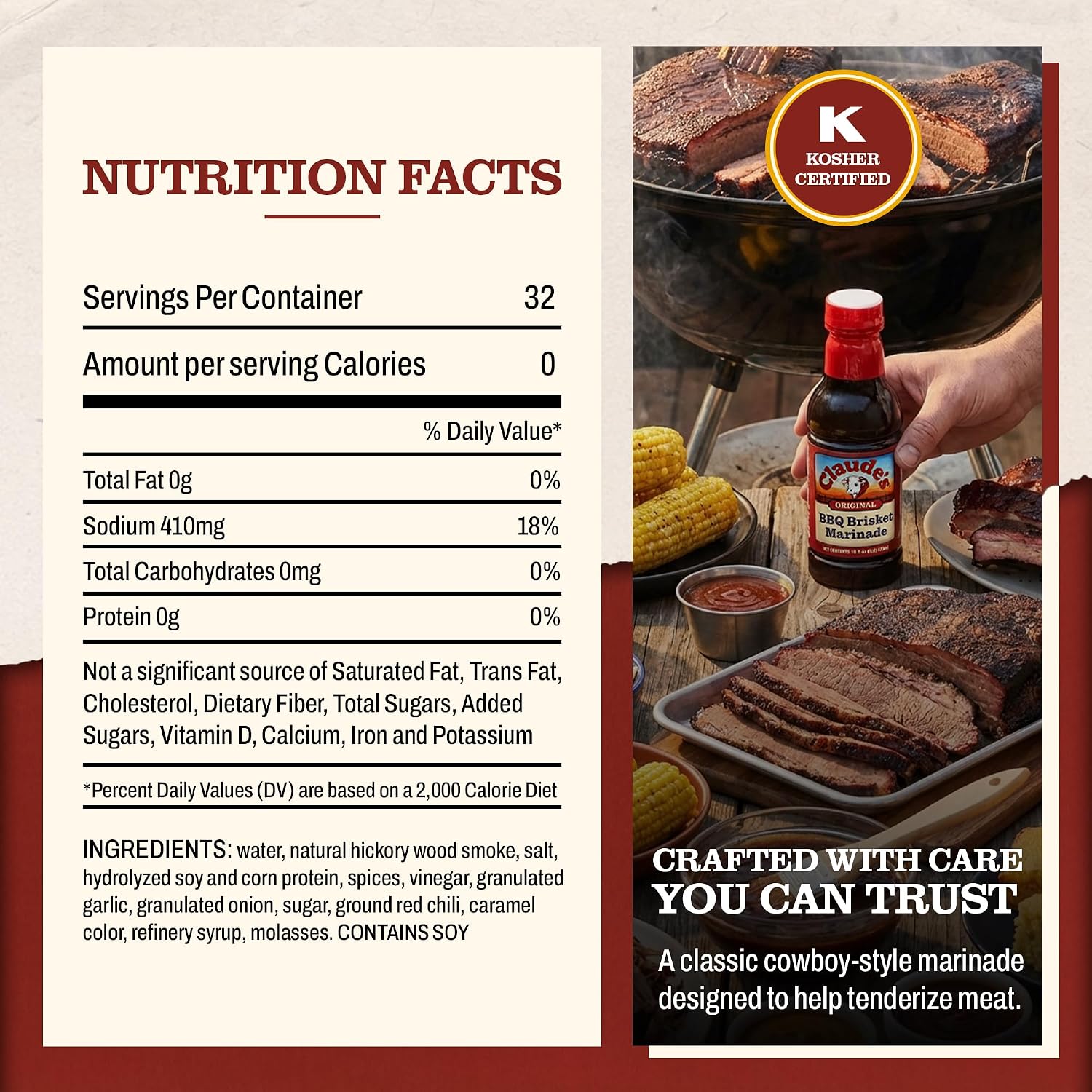 Claude's BBQ Brisket Marinade Sauce, Gluten Free Texas Style, 128 oz | Restaurant-size gallon of smoky Texas tenderizing brisket marinade - all natural & gluten free.