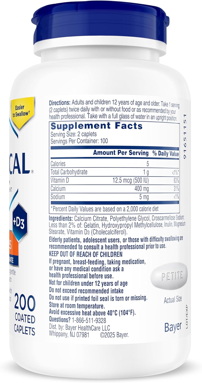 Citracal Petites, 400 mg Calcium Citrate, Easily Absorbed and Highly Soluble with 12.5 mcg (500 IU) Vitamin D3, Smaller and Easier to Swallow Caplets