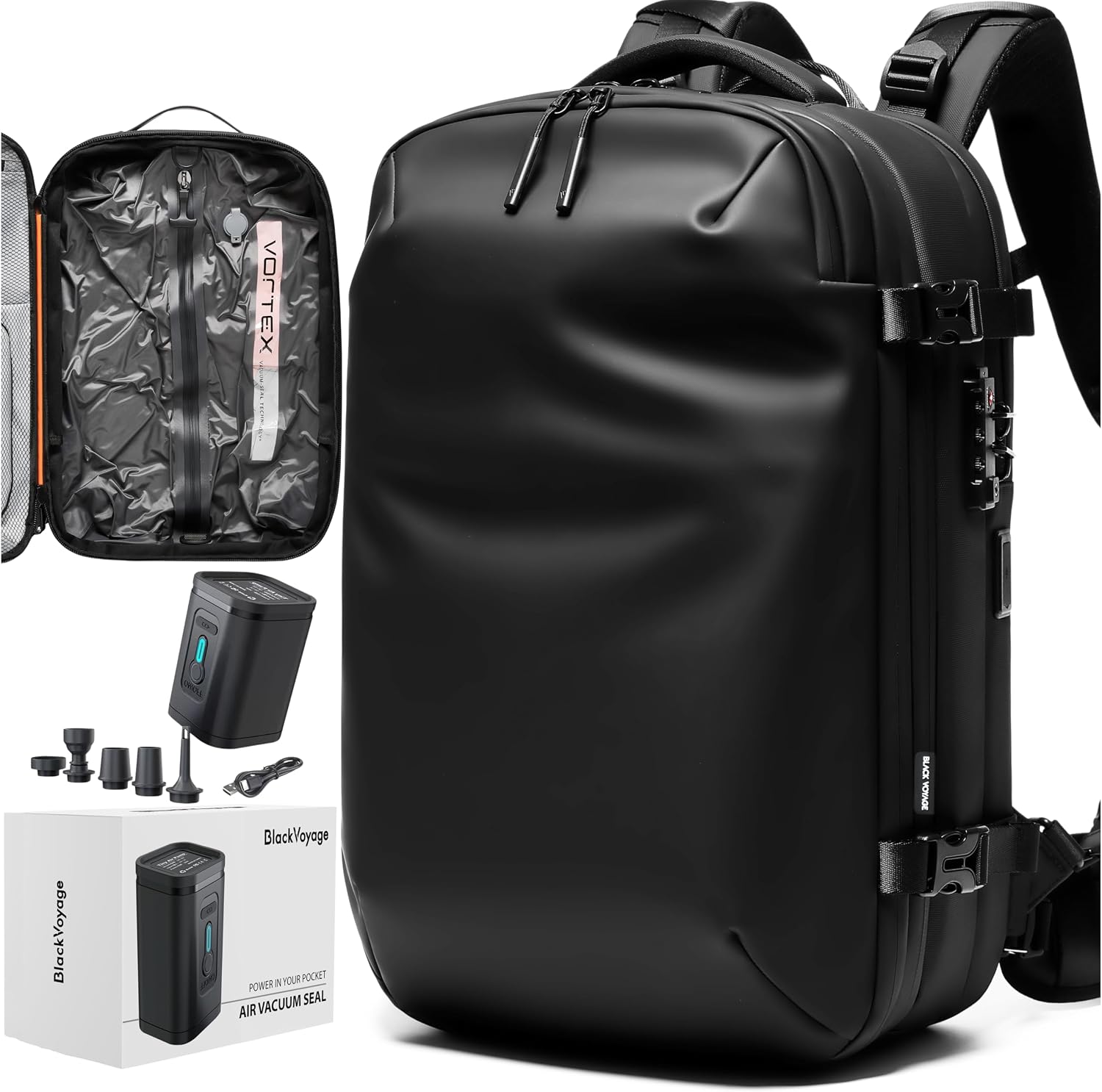 Black Voyage Vortex Vacuum Seal Travel Backpack 60L Expandable Air Compression System Water Resistant TSA Lock Carry-On Suitcase Luggage Black