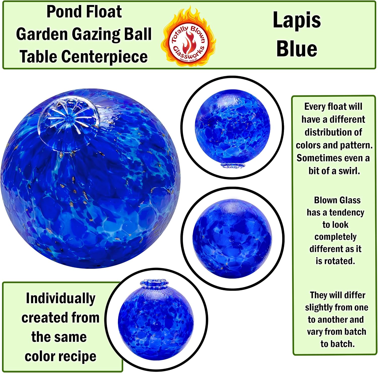 Totally Blown Glassworks Pond Float. Handmade Blown Glass, Garden Gazing Ball, Table Centerpiece