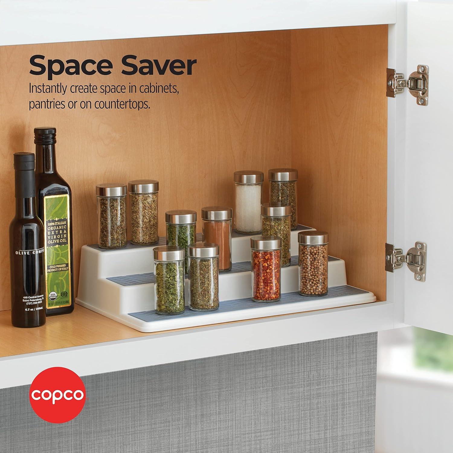 Copco 3-Tier Spice Rack Organizer for Cabinet - 15 Inch Non-Skid Pantry Organizer and Storage Shelf for Spices, Canned Goods, Seasonings - White and Gray Kitchen Cabinet Organizer
