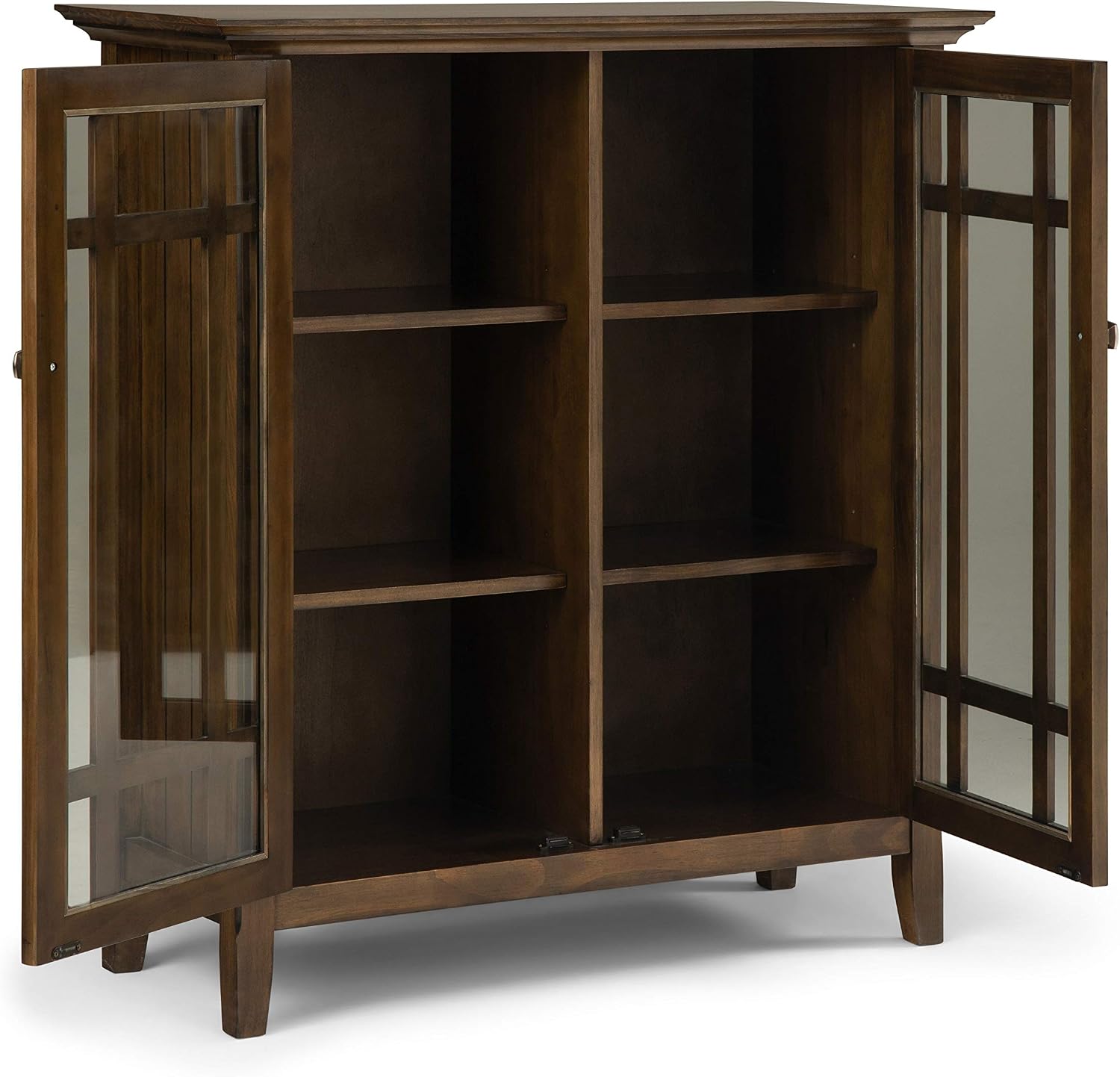 SIMPLIHOME Bedford 62" Wide Solid Wood Sideboard in Brunette Brown | Transitional low media console with glass doors and storage shelves for the living room, entryway or dining room.